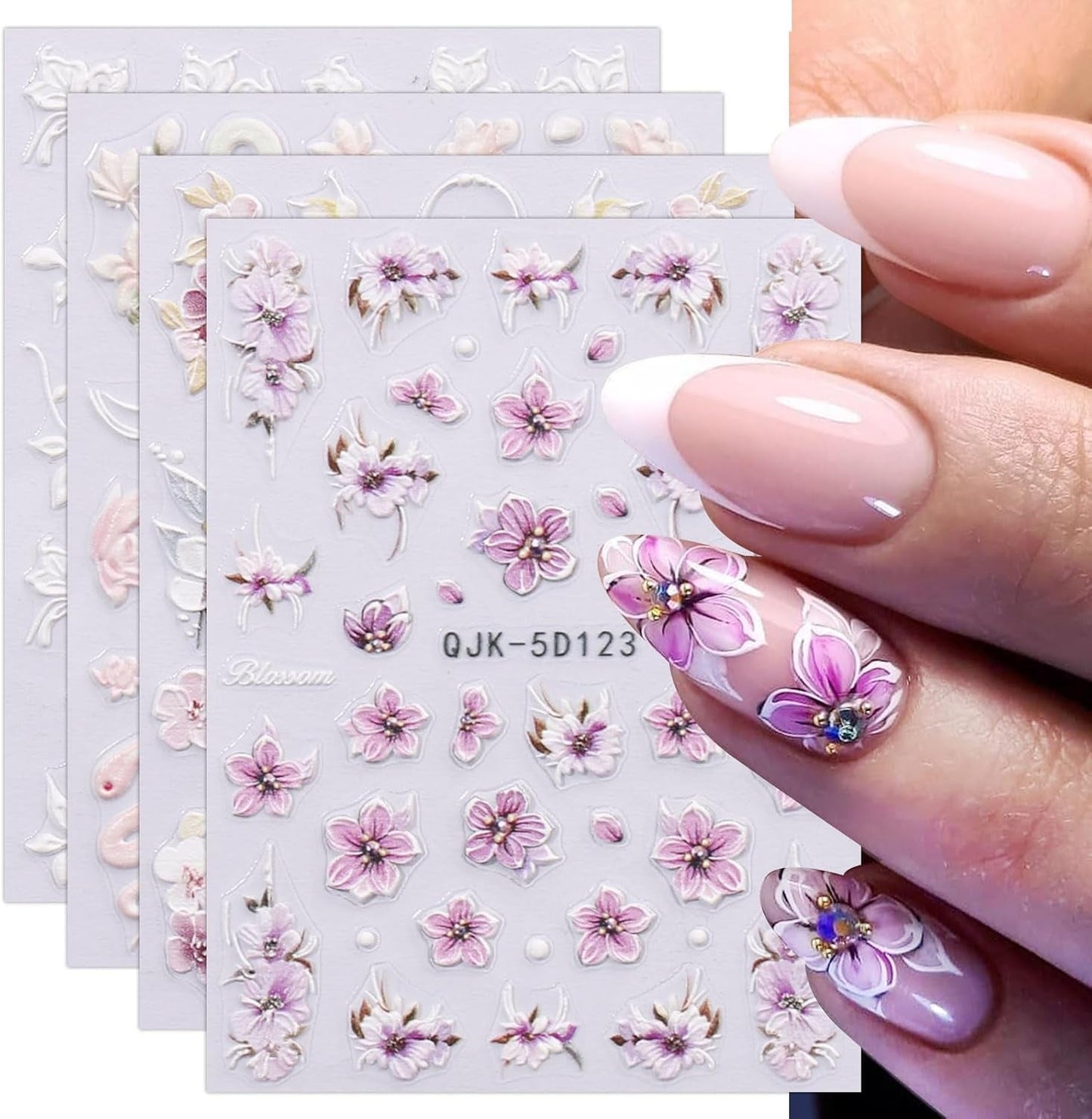 JMEOWIO 3D Nagelsticker Blumen Nail Art Sticker Selbstklebend Nagelaufkleber 5D Stereoskopisch Frühling Zomer Decoratie Nageldesign Zubehör 4 Blatt