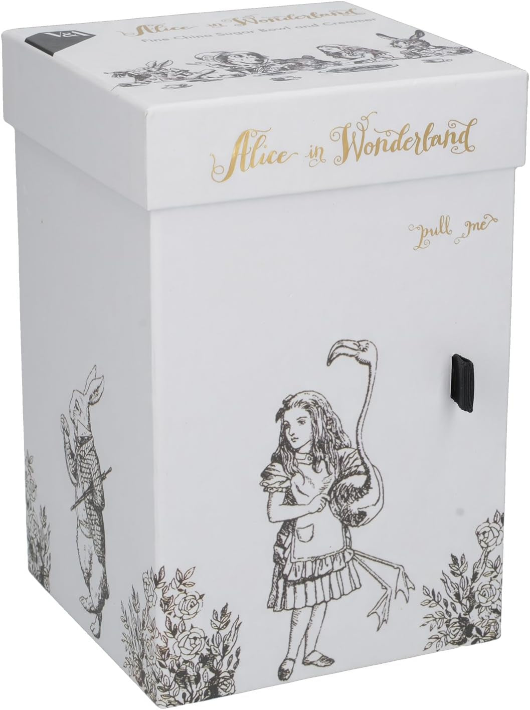 Alice in Wonderland fijne porseleinen theepot en melkkan, porseleinen kom en melkkan in een luxe geschenkdoos