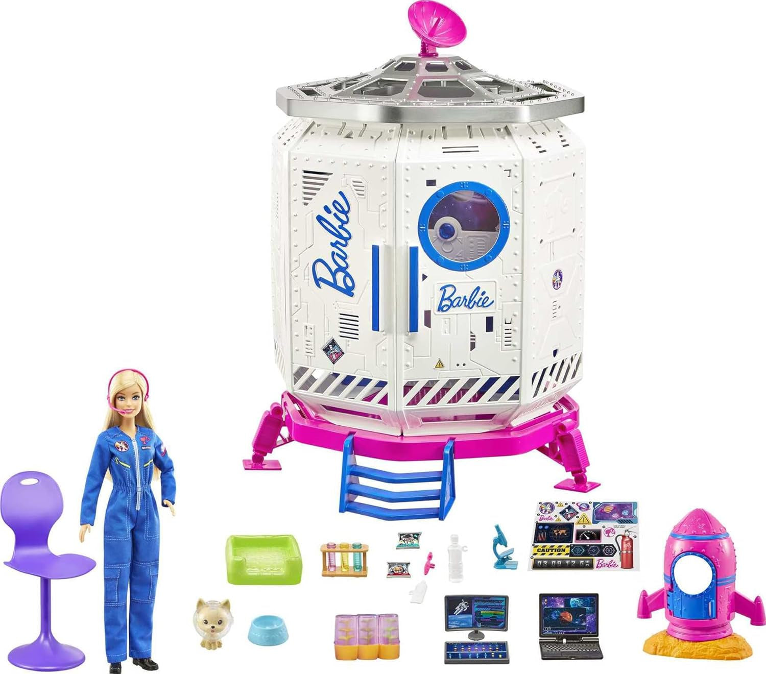 Barbie GXF27 - Ruimtestation Ruimteavontuur, Ruimtepop, Puppy, Werkstation, Ruimtescènes, 20 Accessoires, Cadeauspeelgoed voor kinderen vanaf 3 jaar
