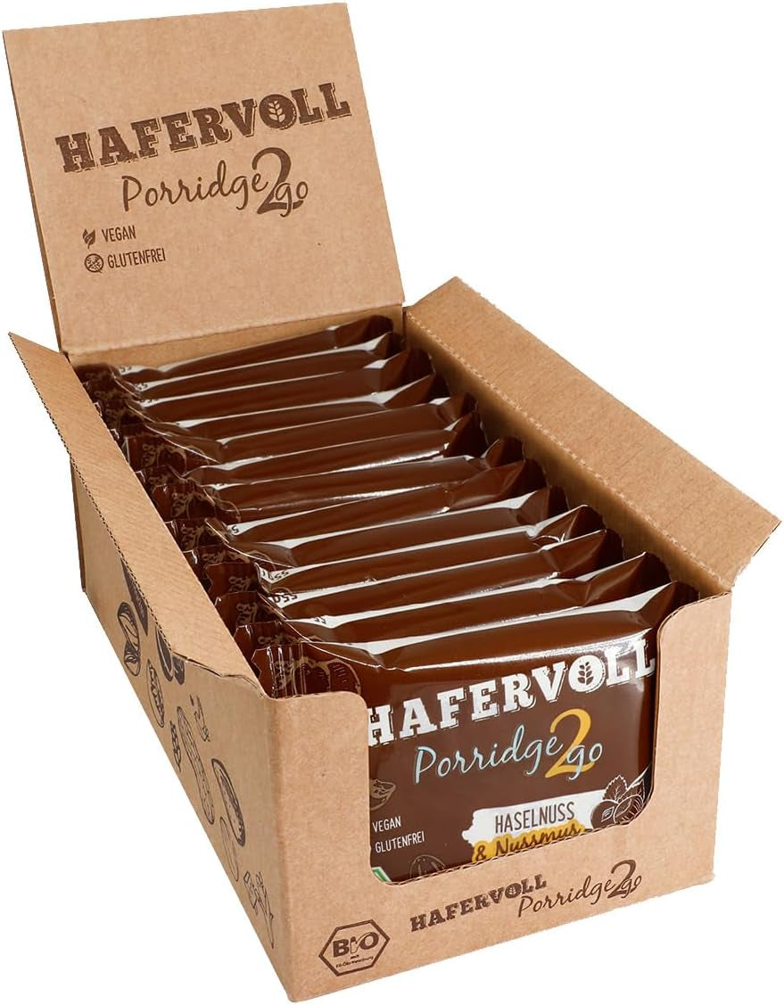 Hafervoll Porridge2go Pindakaas en noten, 13 repen x 55g - Veganistisch, biologisch, glutenvrij, geen toegevoegde suikersnack, met haver, dadels en quinoa-snoepjes
