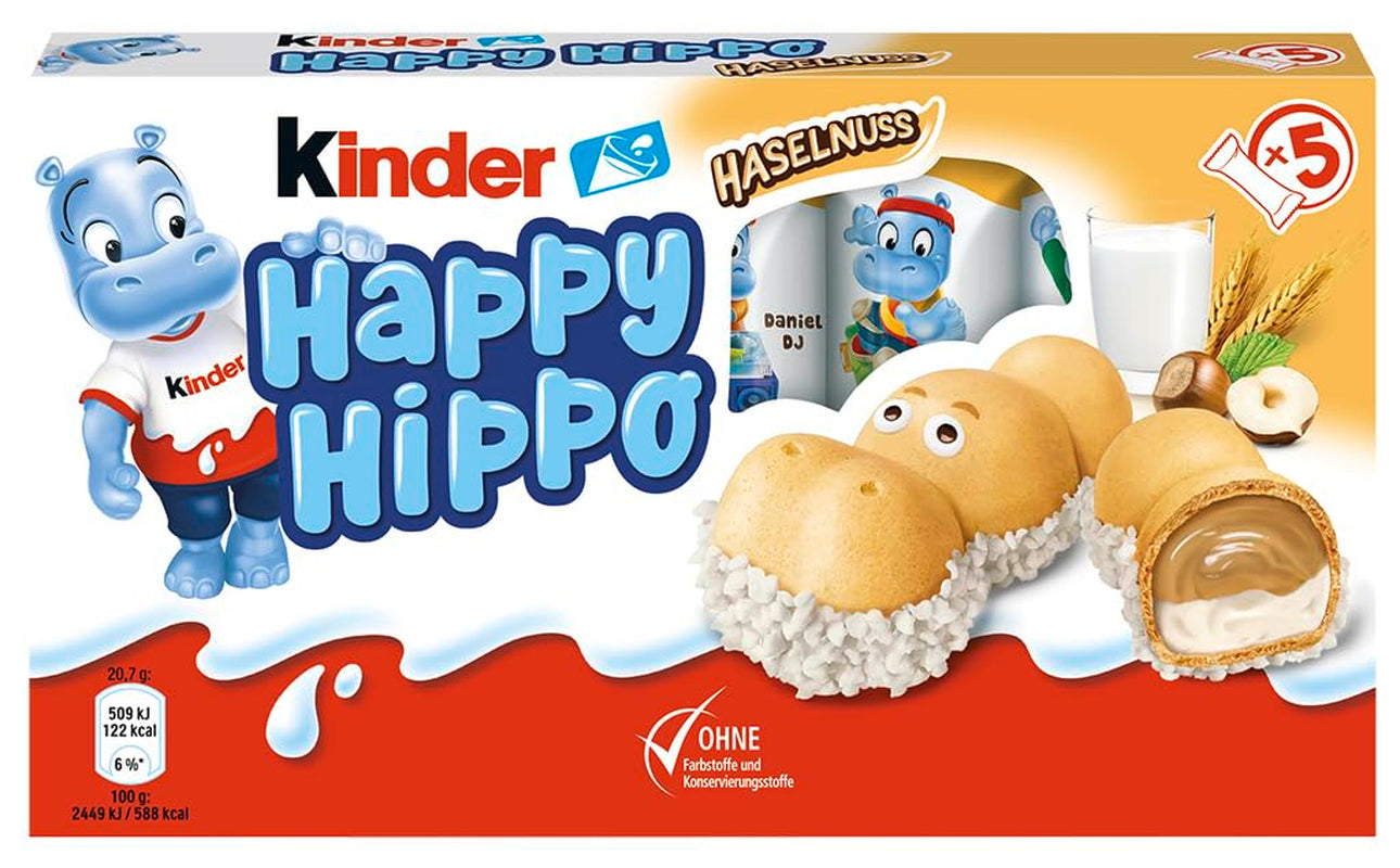 Kinder Happy Hippo Hazelnoot - Speciale knapperige wafels met melk en hazelnootcrème - Carnaval- en Mardi Gras-snoepjes - 1 pakje met 5 individuele repen van elk 20,7 g