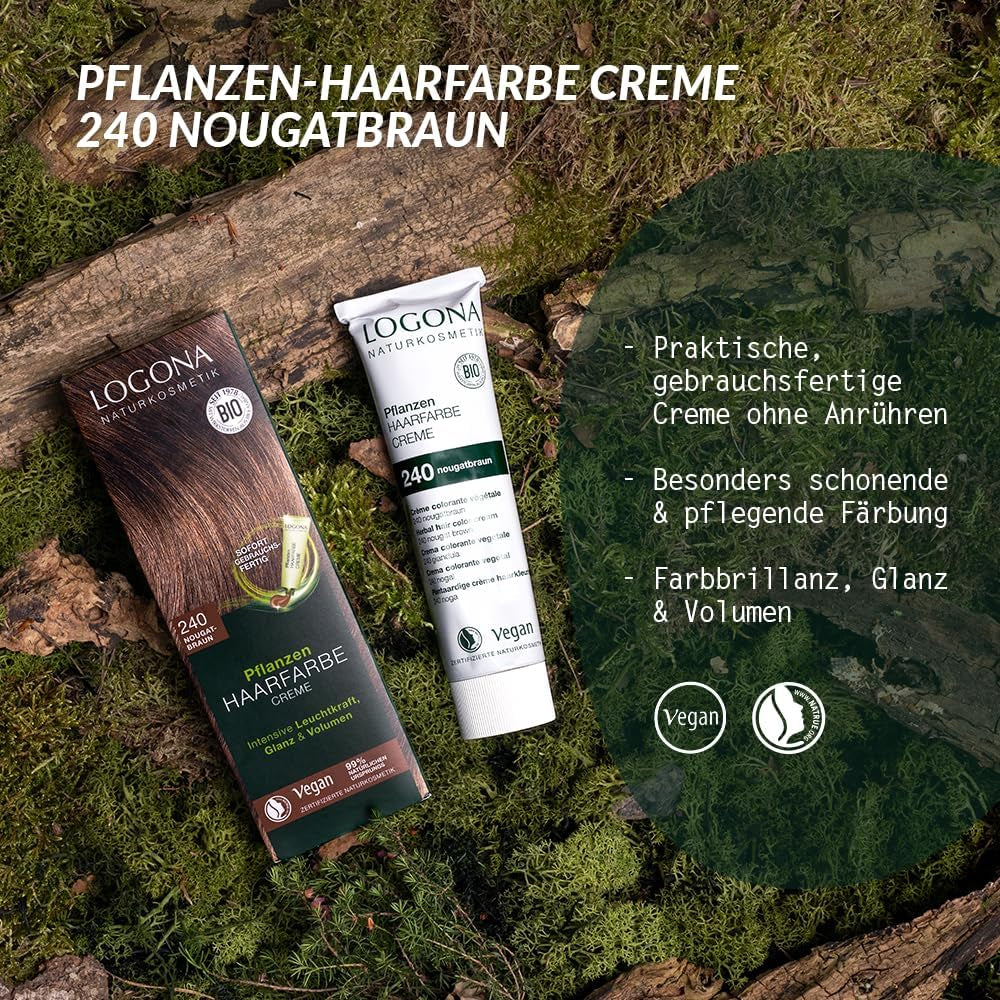 LOGONA Natural Cosmetics Plantaardige Haarkleurcrème 240 Nougat Bruin, Natuurlijke kleurstof voor bruin haar met henna, kleurcrème voor bruintinten, kleuring voor donker haar, 150ml Haarverf Naty Shop