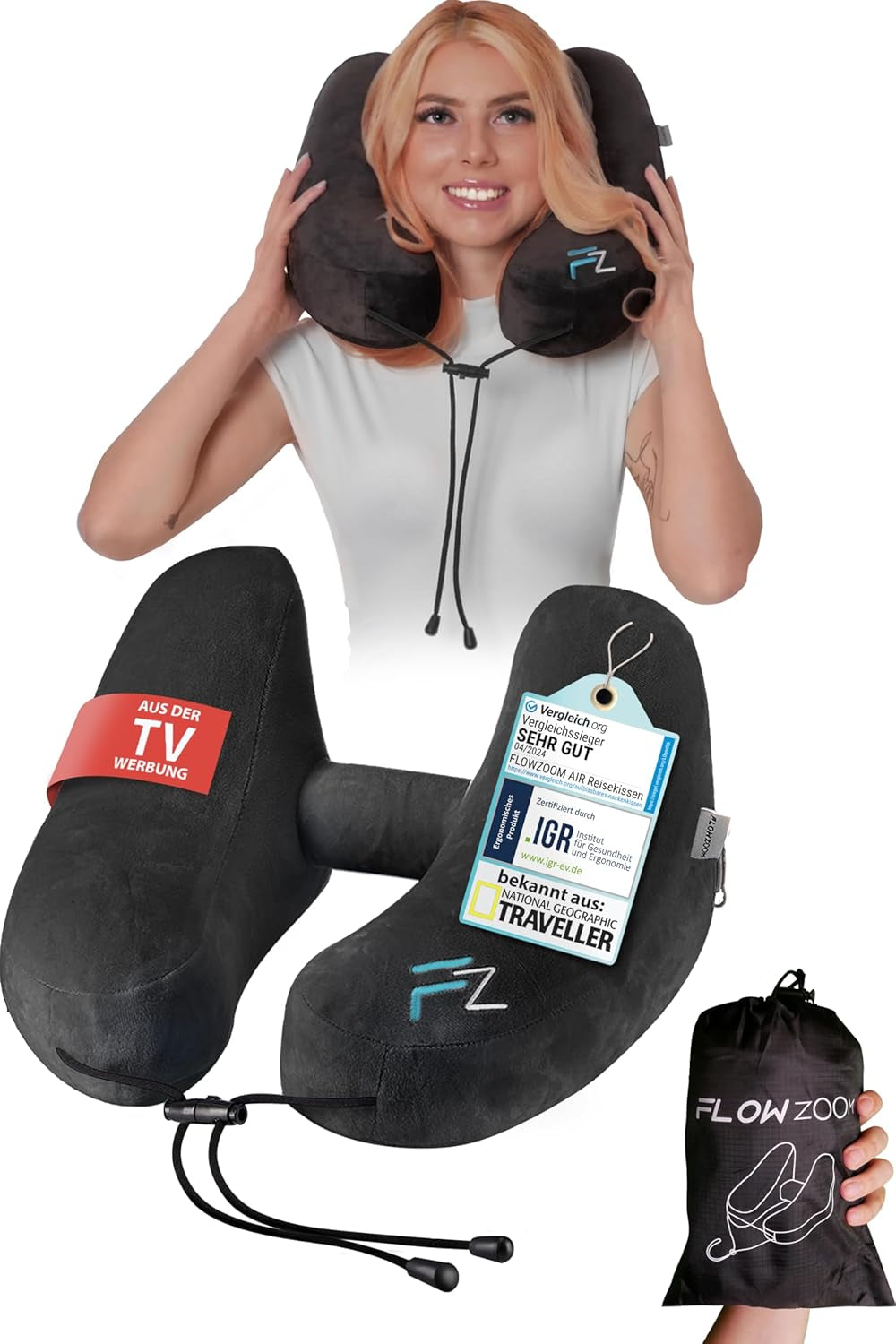 FLOWZOOM AIR Opblaasbaar nekkussen met capuchon - Vliegtuignekkussen - Reiskussen - Snel opblaasbaar reisnekkussen - Vliegtuigkussen - Reiskussen - Nekkussen voor volwassenen (grijs) Naty Shop Cervicale orthopedische kussens 4) Zwart - Maat M