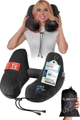 FLOWZOOM AIR Opblaasbaar nekkussen met capuchon - Vliegtuignekkussen - Reiskussen - Snel opblaasbaar reisnekkussen - Vliegtuigkussen - Reiskussen - Nekkussen voor volwassenen (grijs) Naty Shop Cervicale orthopedische kussens 4) Zwart - Maat M