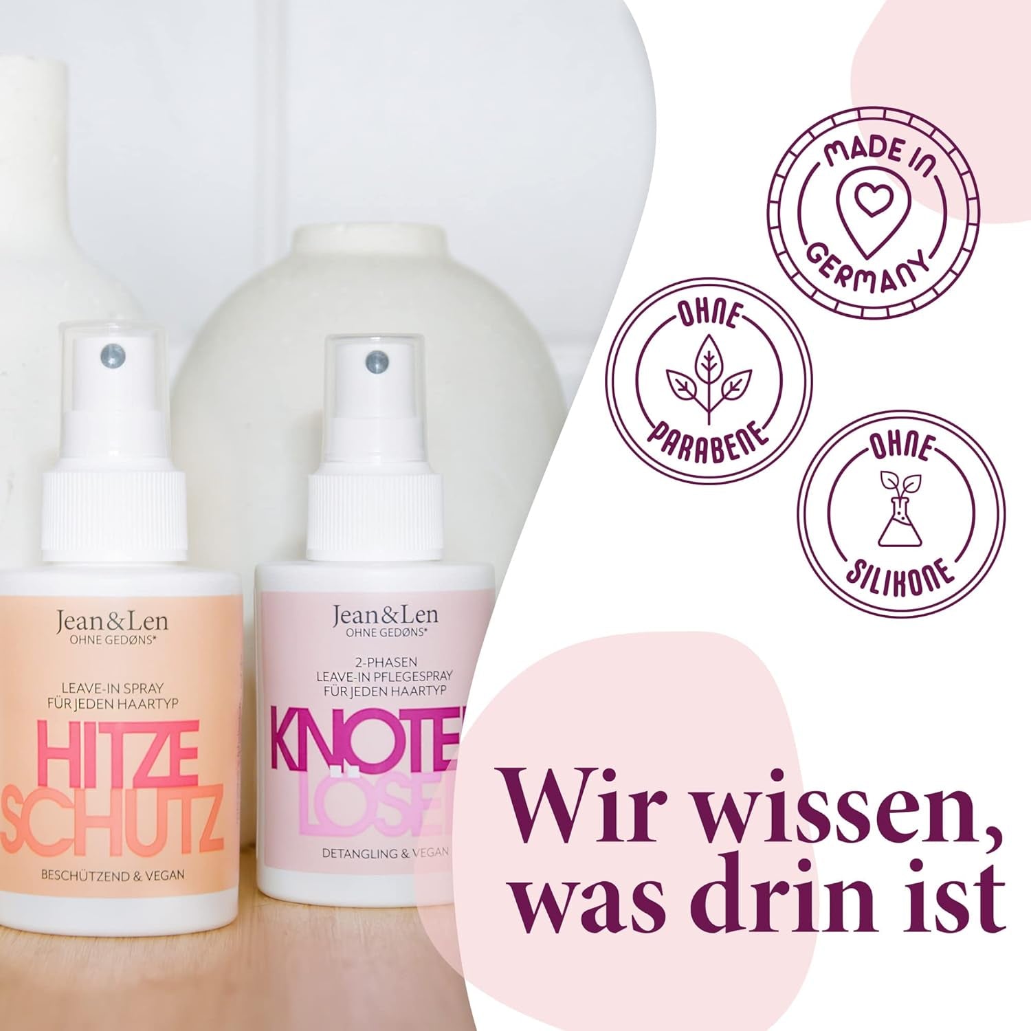 Jean & Len Knot Remover 2-Phase Leave-In Conditioning Spray, geschikt voor alle haartypes, ontwart het haar en verbetert de doorkambaarheid, frisse geur, ontwarrend, siliconen- en parabenenvrij, vegan, 100ml Ontwarrende producten Naty Shop