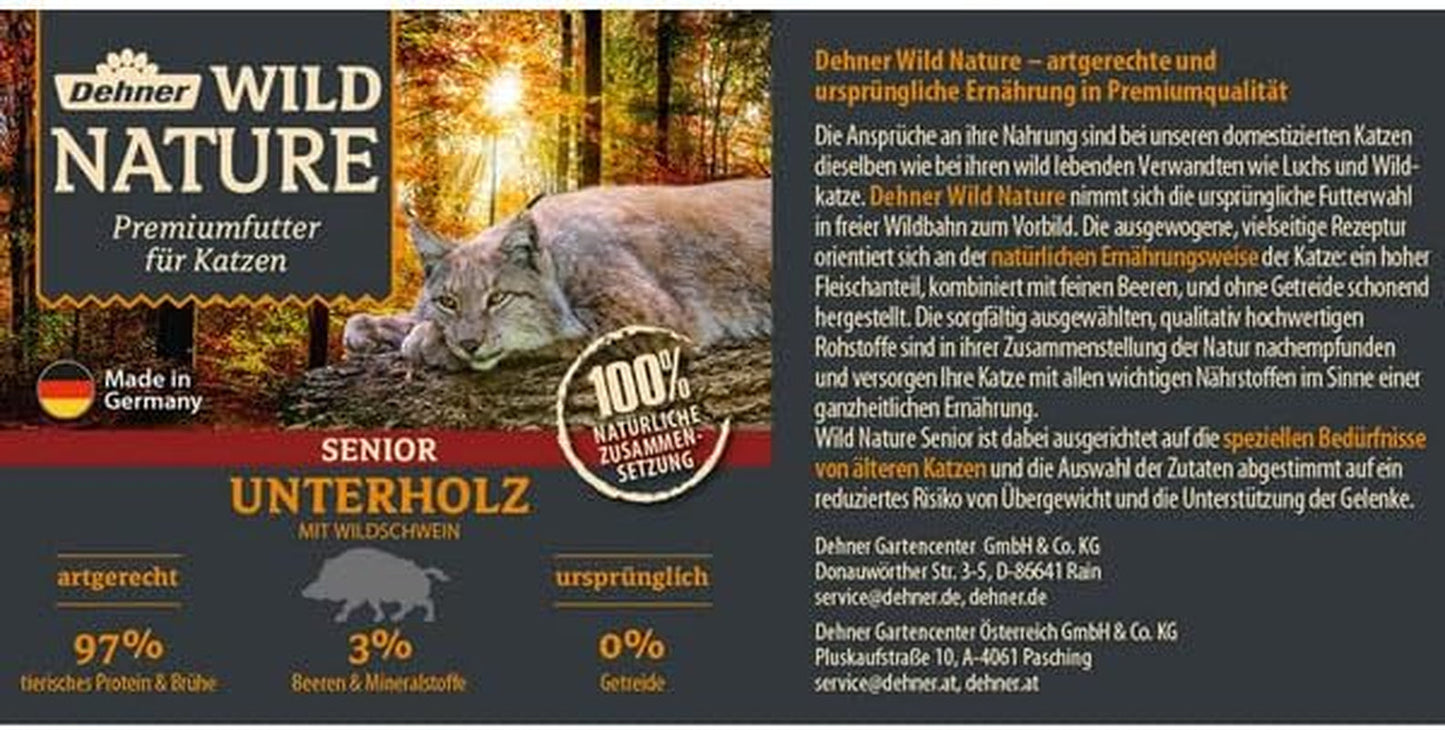 Dehner Wild Nature Katzenfutter Unterholz, Nassfutter getreidefrei / zuckerfrei, voor ältere Katzen, Wildschwein, 6 x 400 g dosis, (2,4 kg)