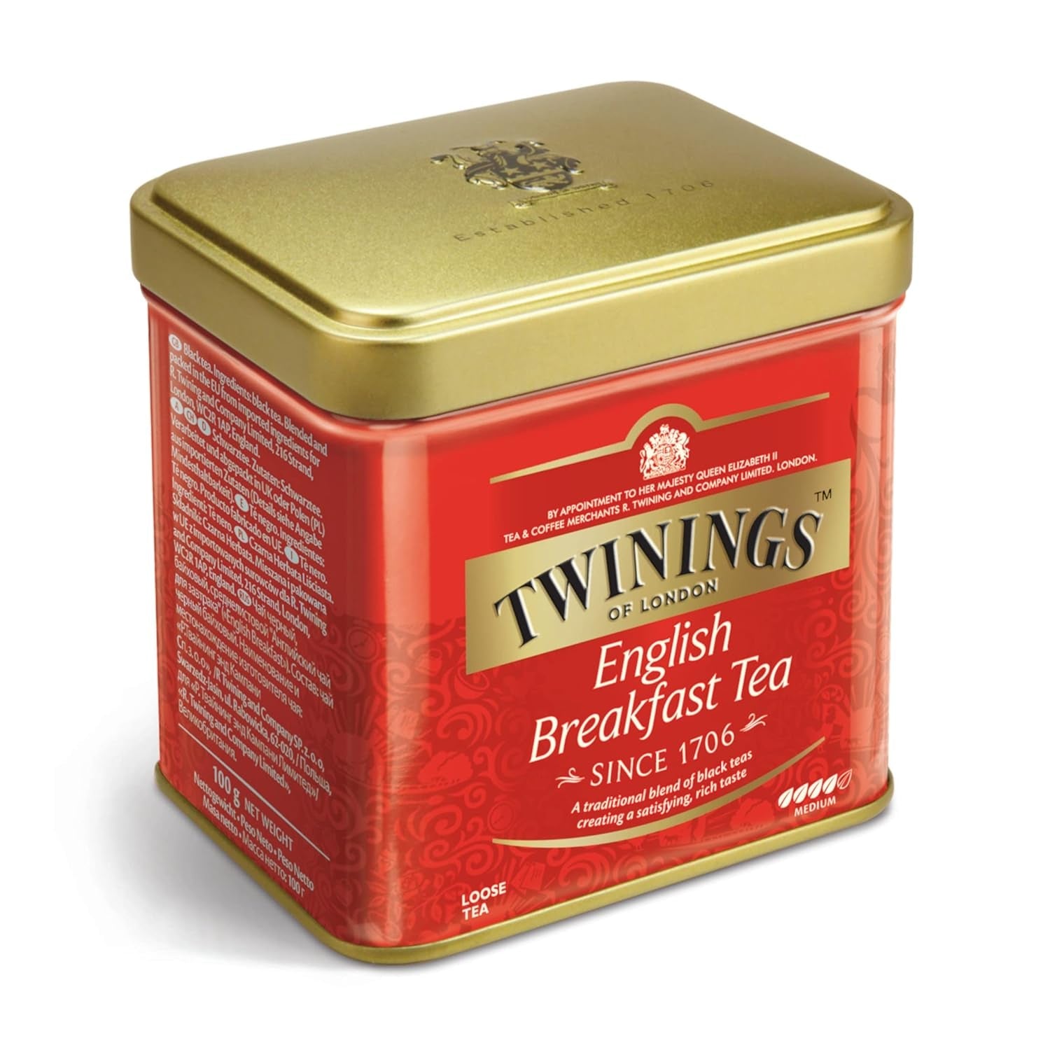 Twinings English Breakfast Tea Losse Zwarte Thee in Theedoos Sterke zwarte thee van hoogwaardige theebladeren geplukt van de beste theeplantages in Sri Lanka en India G, neutraal, 100 gram