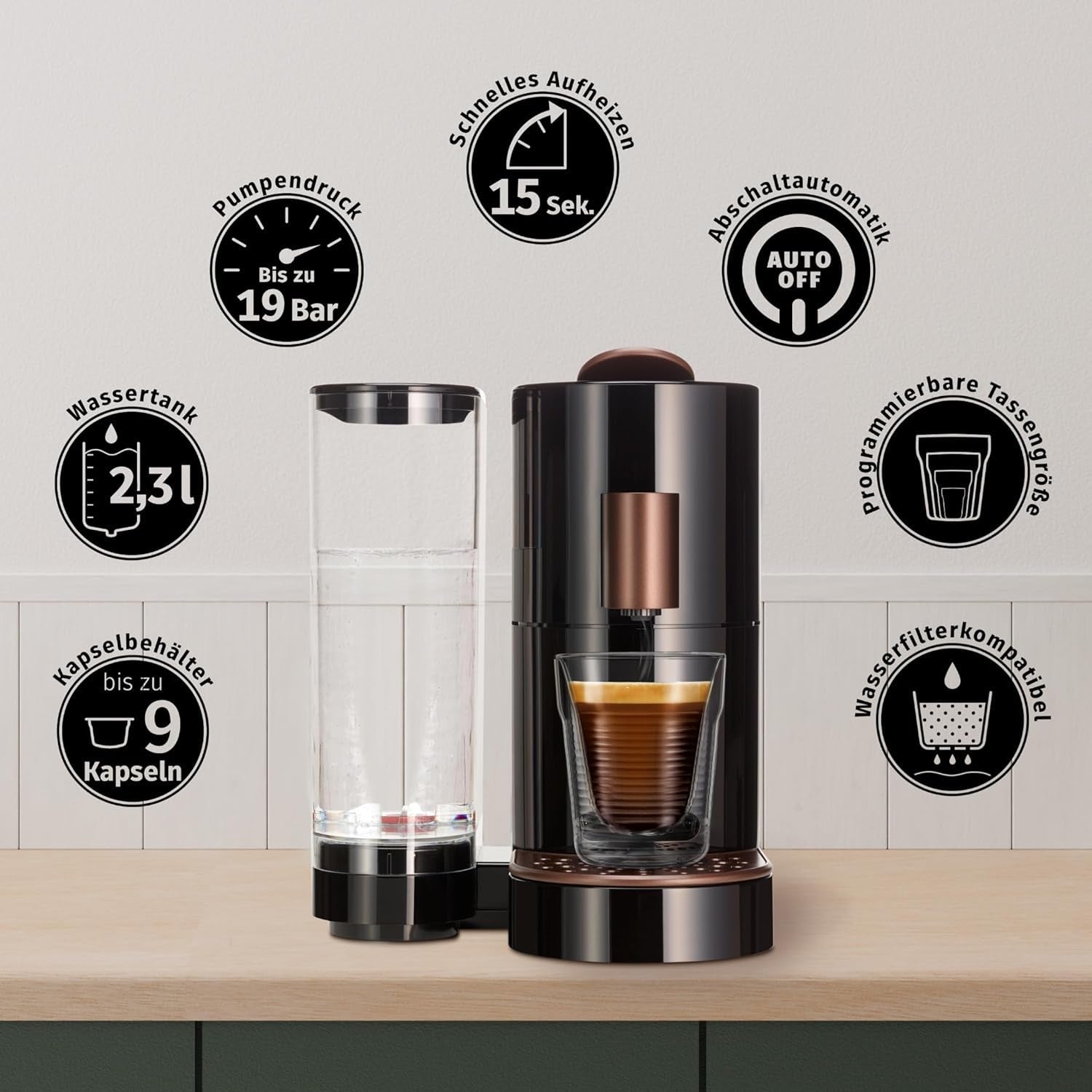 K-FEE TWINS II capsule-espressomachine voor koffie, thee en cacao | Espressomachine voor grote kopjes | Snelle verwarming | Watertank van 2,3 liter | 19 maten | Zwart-koper