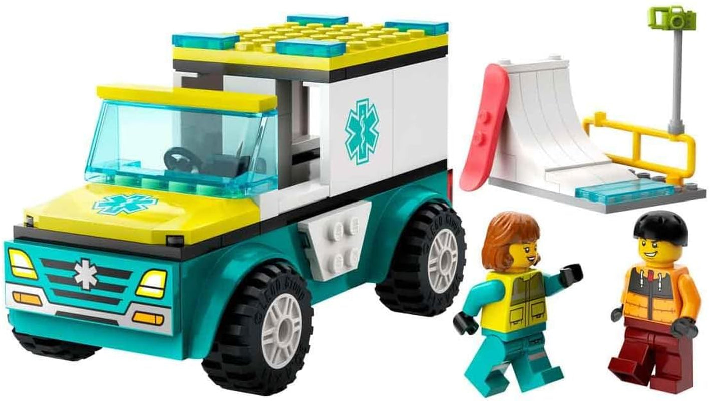 LEGO City Ambulance en Snowboarder, Ambulance Speelset met speelgoedauto en 2 minifiguren, Snowboarder en Paramedicus figuur, fantasierijk cadeau voor jongens en meisjes vanaf 4 jaar 60403 Bouwsets Besuche den LEGO-Store