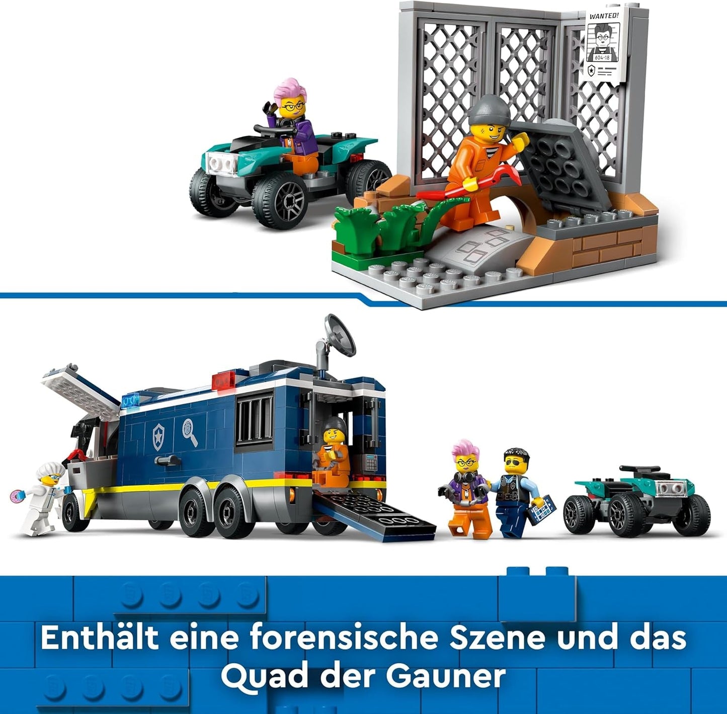 LEGO City Politietruck met laboratorium, quadpolitieset en speelgoedtruck voor kinderen, cadeau voor jongens en meisjes vanaf 7 jaar, plus 5 minifiguren - 2 politieagenten, 1 wetenschapper en 2 boeven 60418 Bouwsets Beuche in LEGO-Store
