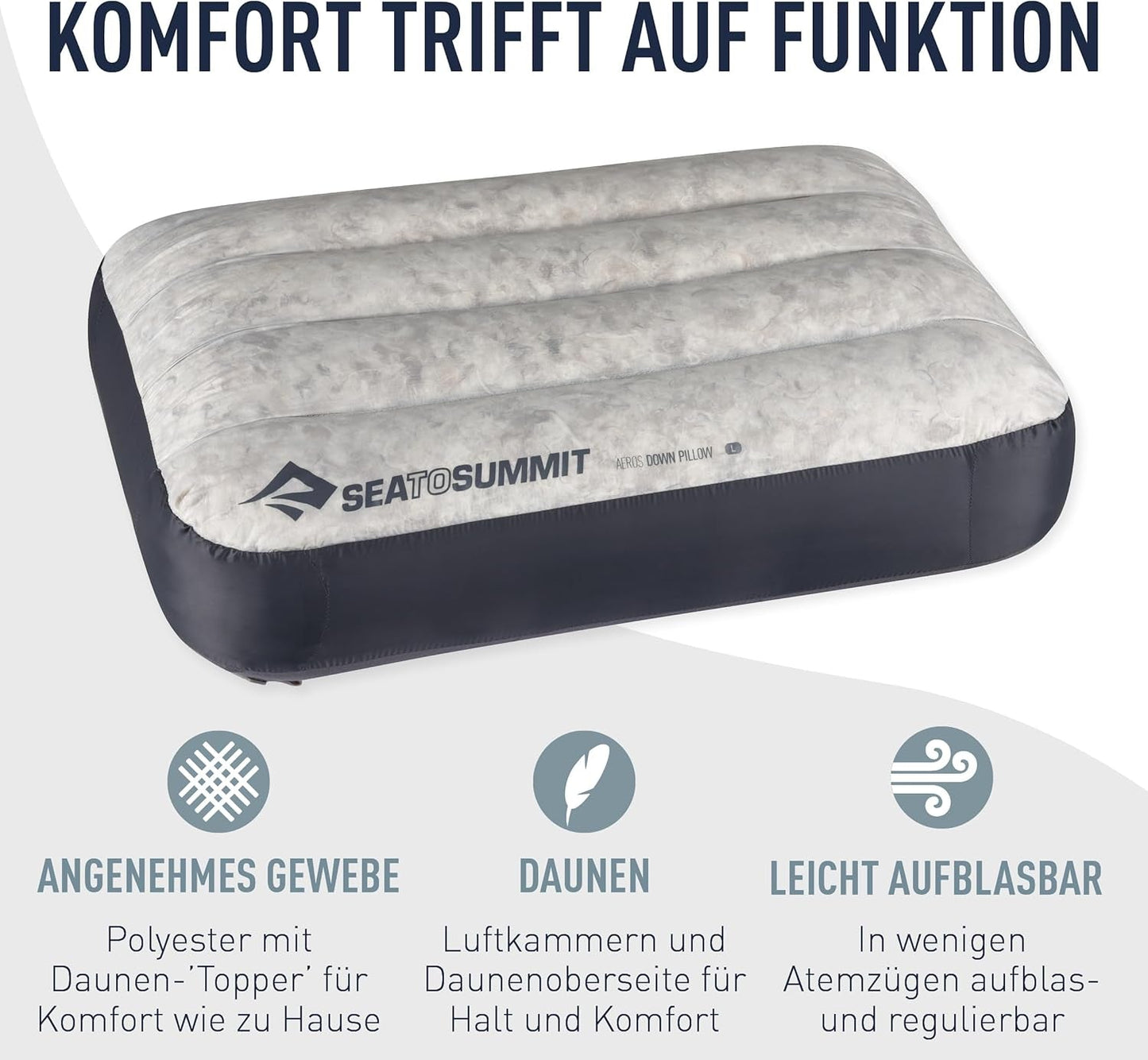 Sea to Summit - Eros Down Reiskussen L - Ultralicht en opblaasbaar - 10D materiaal - Premium donzen kussen - Antislip - Voor wandelen en kamperen - 42 X 28 X 12 Cm - Grijs - 95 G Naty Shop Reiskussens