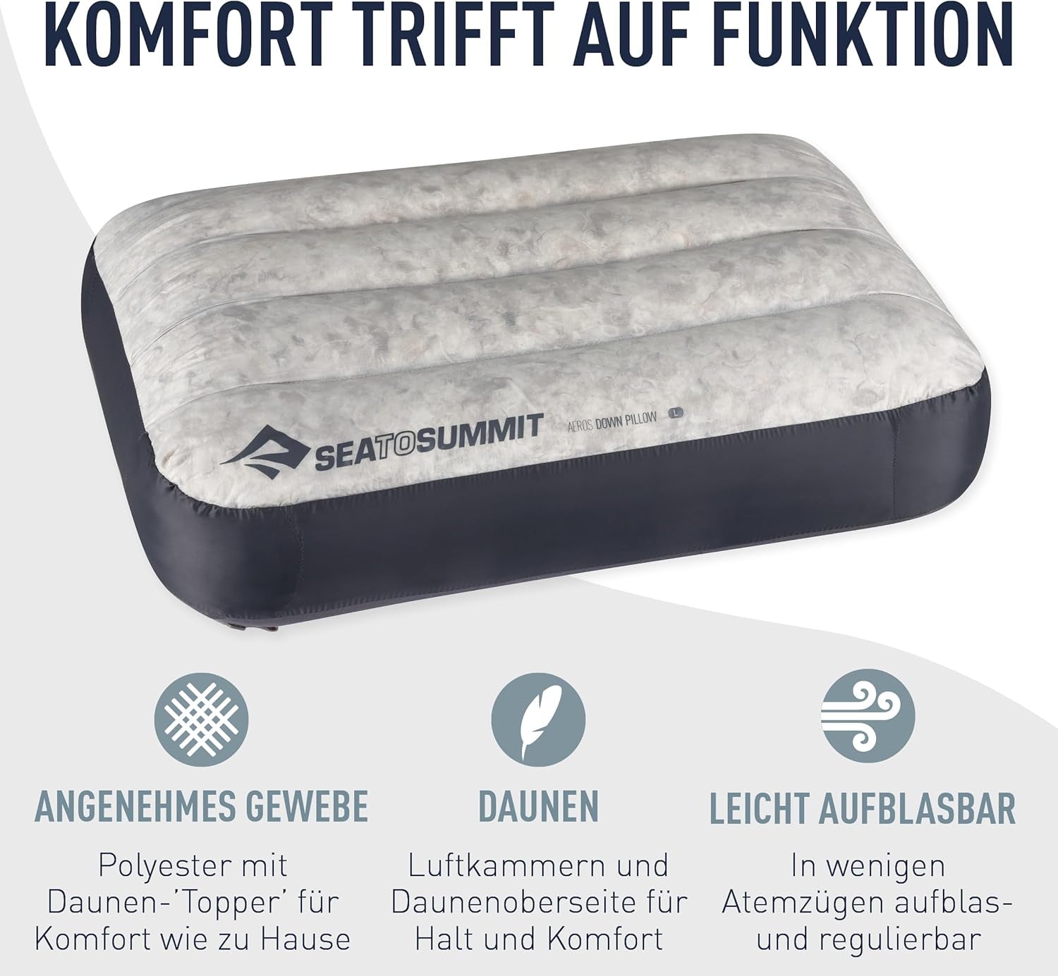 Sea to Summit - Eros Down Reiskussen L - Ultralicht en opblaasbaar - 10D materiaal - Premium donzen kussen - Antislip - Voor wandelen en kamperen - 42 X 28 X 12 Cm - Grijs - 95 G Naty Shop Reiskussens