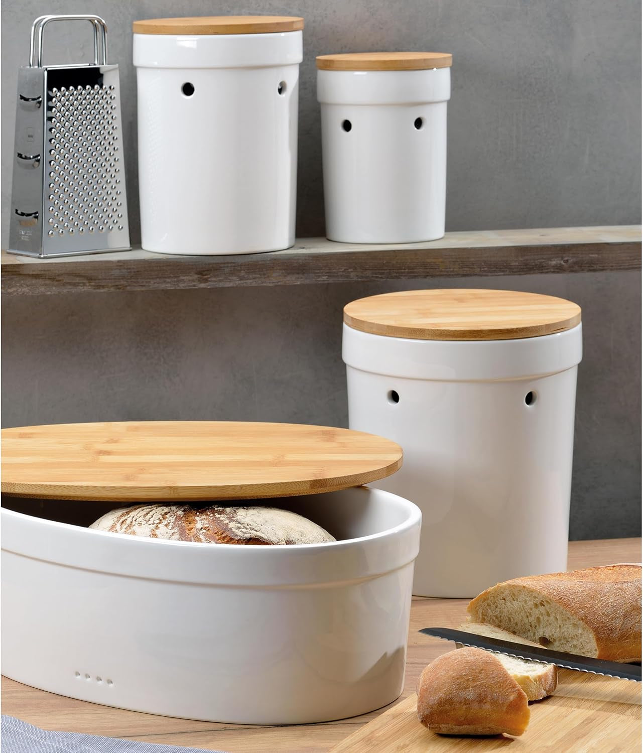 Kela broodtrommel met ventilatiegaten, keramische broodtrommel, SALENA, broodtrommel, wit, 36,5 x 23,5 x 14 cm Voedselbewaardozen Naty Shop