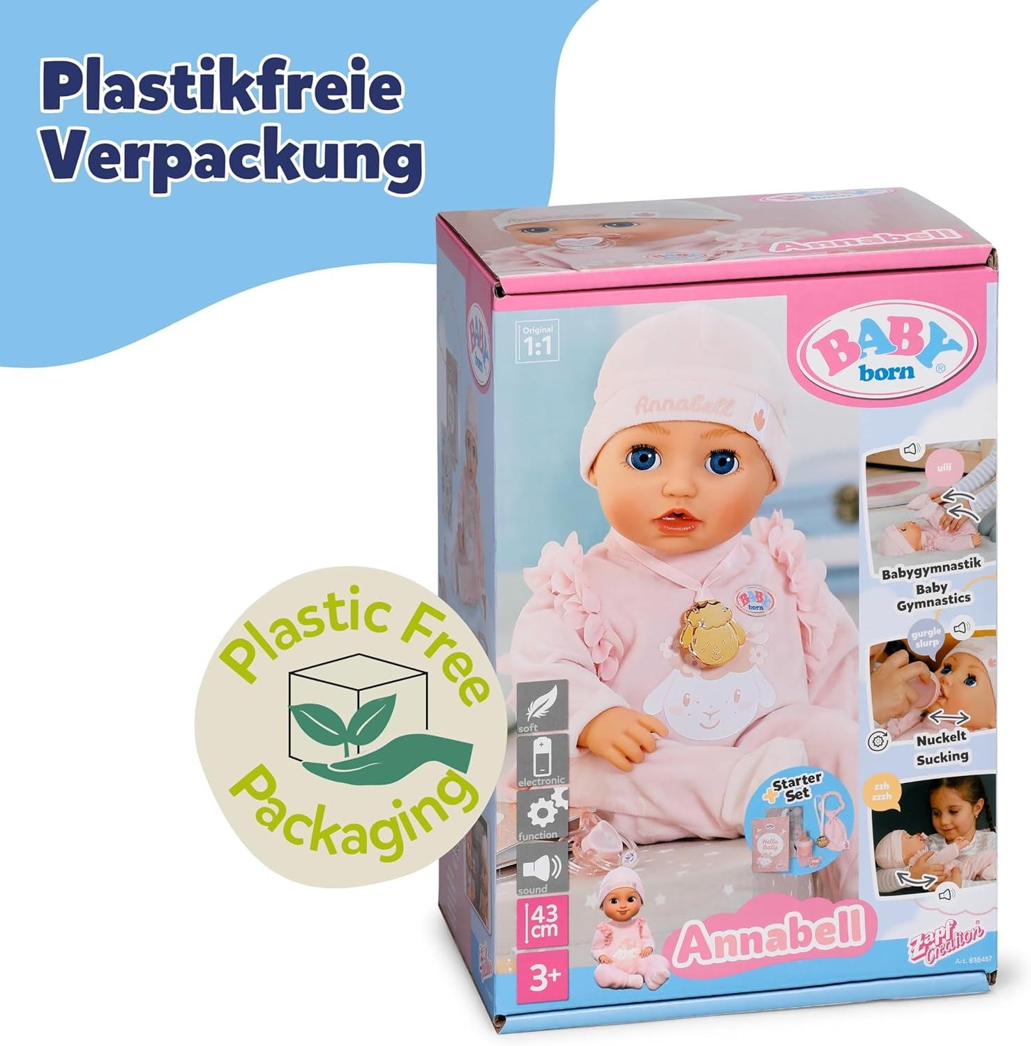 BABY Born Annabell 43 cm - Zachte pop met 7 elektronische functies en geluid - Geschikt voor kinderen vanaf 3 jaar - Pop inclusief accessoires - Werkt op batterijen