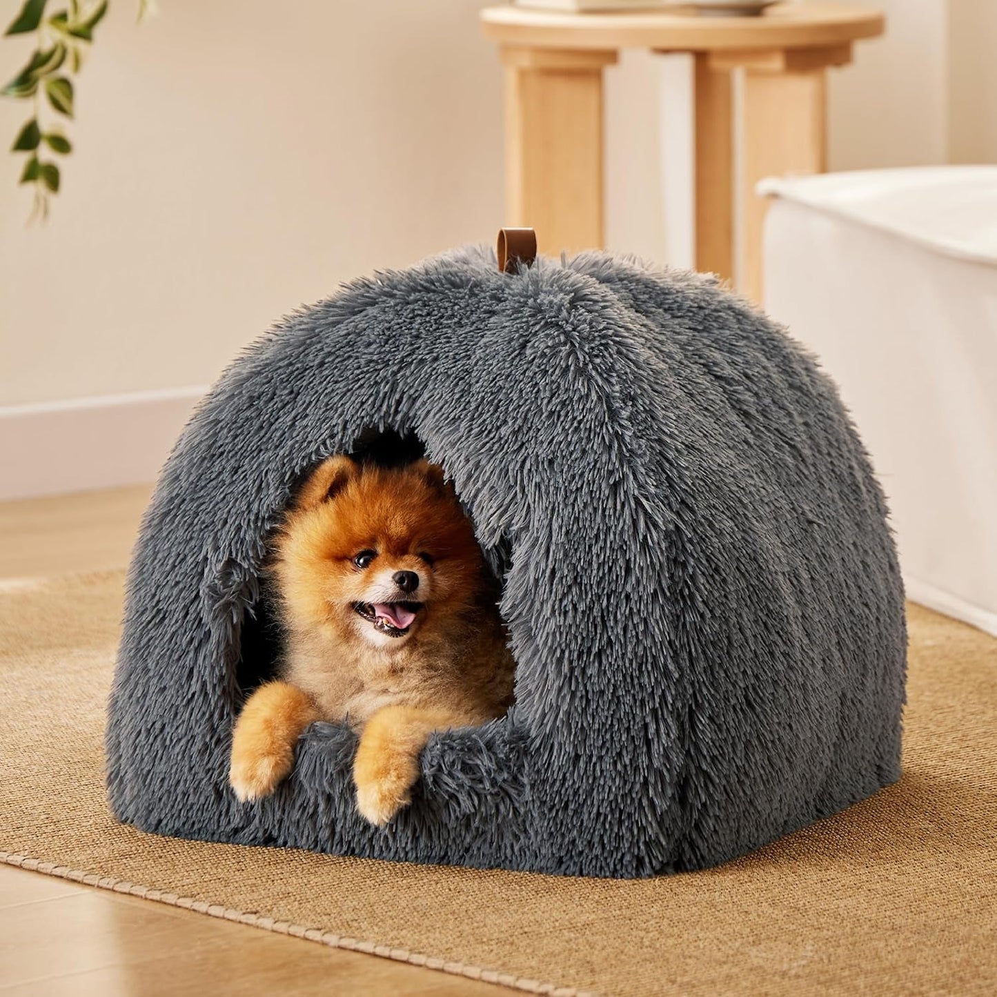 BEDSURE Katzenbett große Katzen Katzenhöhle- 44x44x44 cm Plüsch Katzenhaus Indoor mit abnehmbarem Katzenkissen en ophangen Spielzeug, Katzen Bettchen waschbar, dunkelgrau