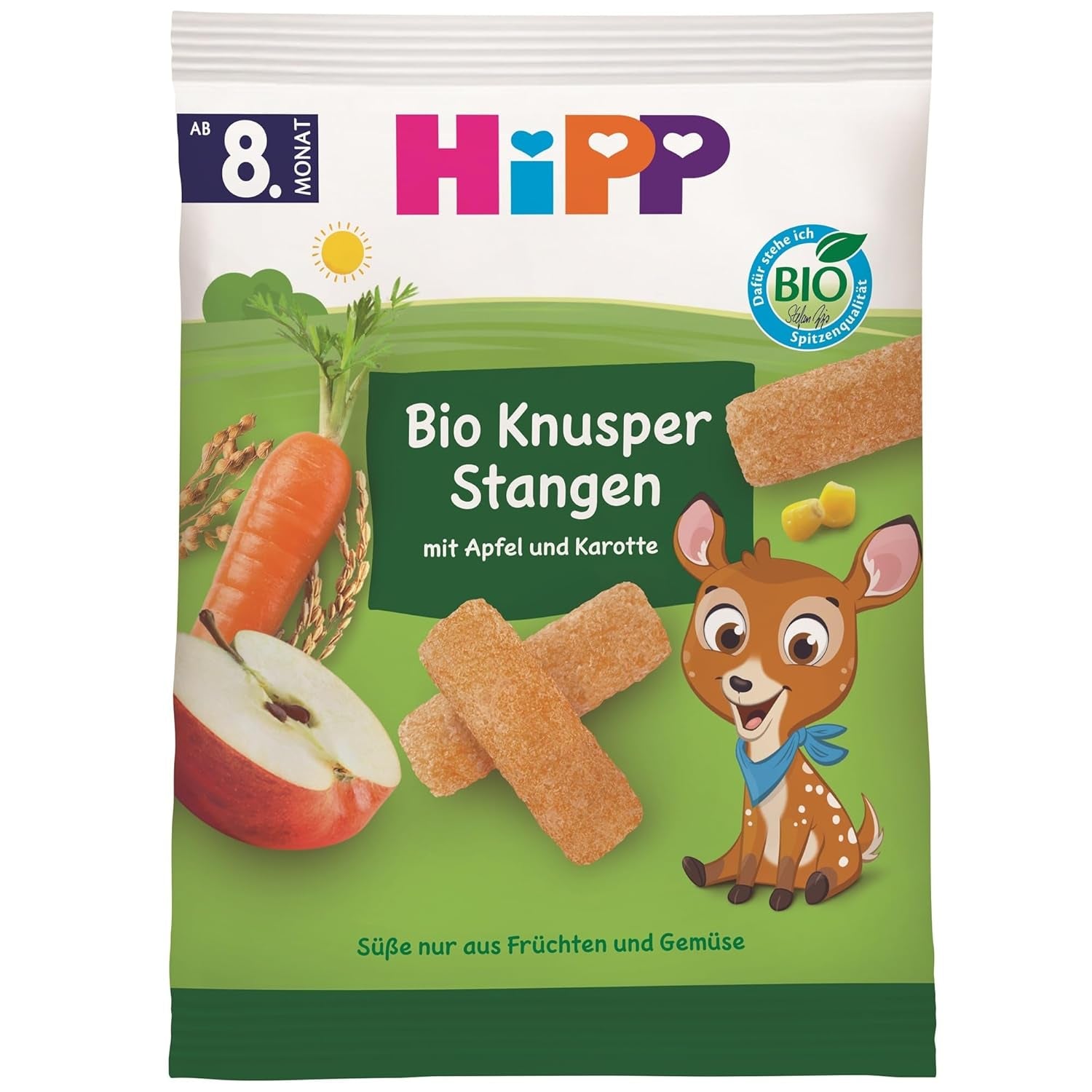 HiPP Bio Knusper Stangen Appelkarotte (7 x 30 g), Babysnack ab 8. Monat, Süße nur aus Früchten en Gemüse, glutenvrij, in de beste bio-kwaliteit