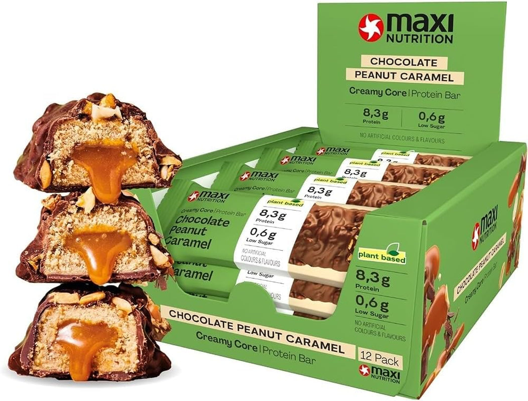 MaxiNutrition Romige veganistische eiwitreep met chocolade, pinda's en karamel 12x45g - veganistische eiwitreep, 18% eiwit, 8,3 g per reep, laag suikergehalte (0,9 g), geen toegevoegde suiker, geen kunstmatige smaakstoffen