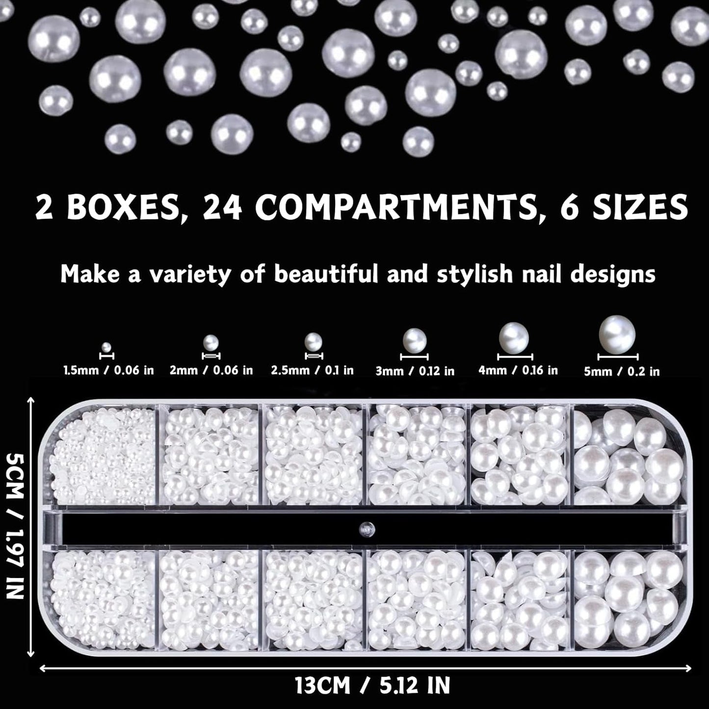 12 Größen Nail Art Perlen, Flache Perlen, Nail Art Accessoires, Halbkreis Nagelperlen, Weiße Nail Charms en Glitzersteine ​​​​Nägel voor Nail Art Design, DIY Basteln, Alltag, Hochzeit (2 dozen)