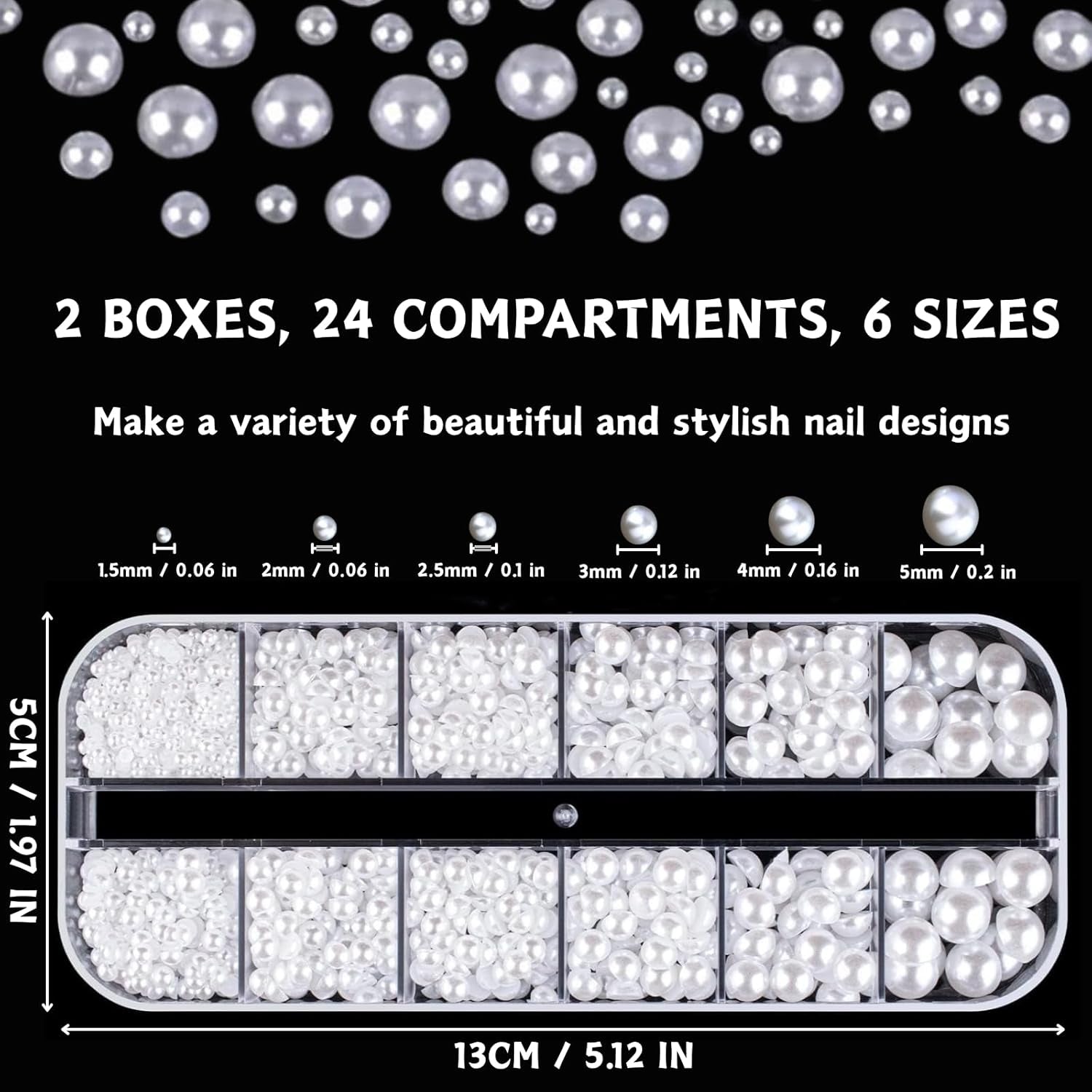 12 Größen Nail Art Perlen, Flache Perlen, Nail Art Accessoires, Halbkreis Nagelperlen, Weiße Nail Charms en Glitzersteine ​​​​Nägel voor Nail Art Design, DIY Basteln, Alltag, Hochzeit (2 dozen)