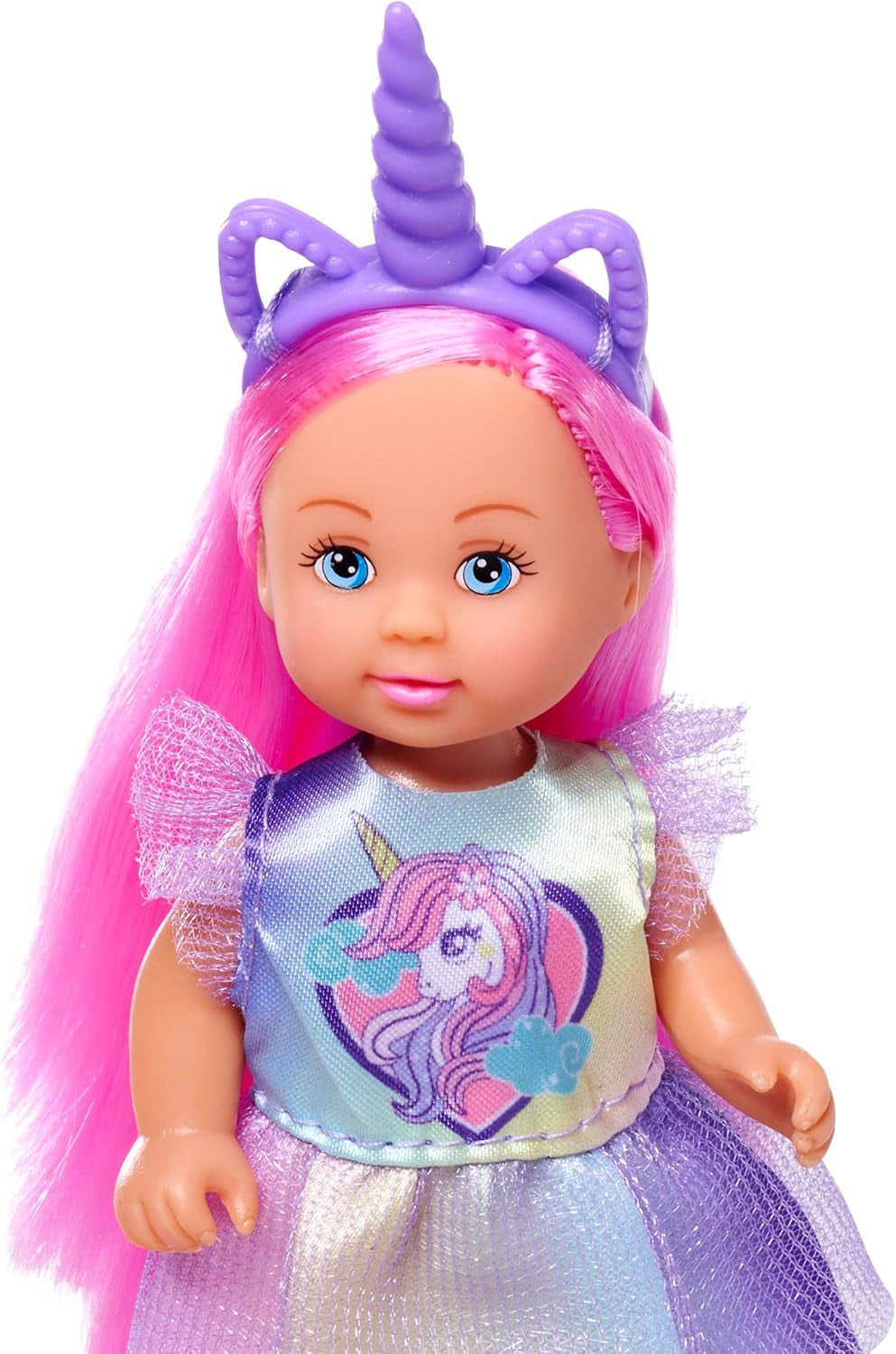 Simba Evi Love Eenhoorn speelpop met schattige eenhoornjurk met bijpassende hoofdband, inclusief een eenhoorn met stal, appels en een drinkfles, 12 cm, vanaf 3 jaar