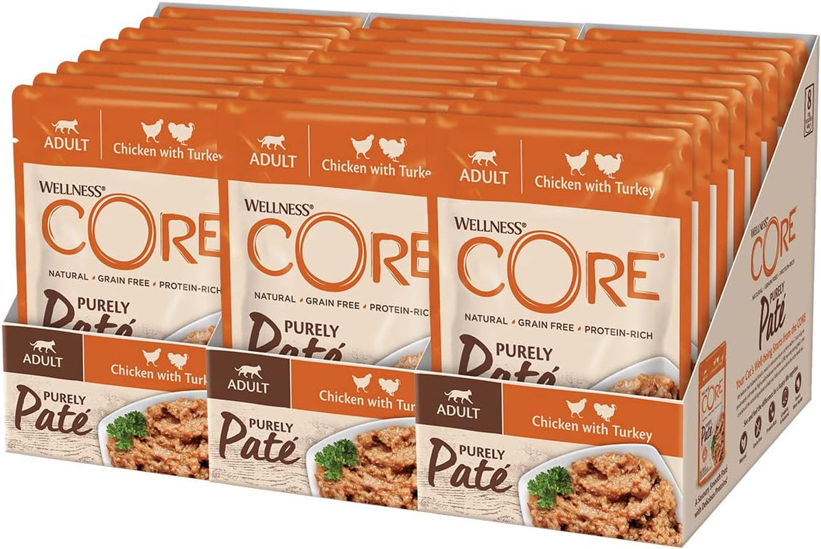Wellness CORE Purely Paté 24 x 85g, Kip en Kalkoen - Natvoer voor katten, fijne paté, graanvrij, natuurlijk, hypoallergeen, eiwitrijk, rijk aan vlees