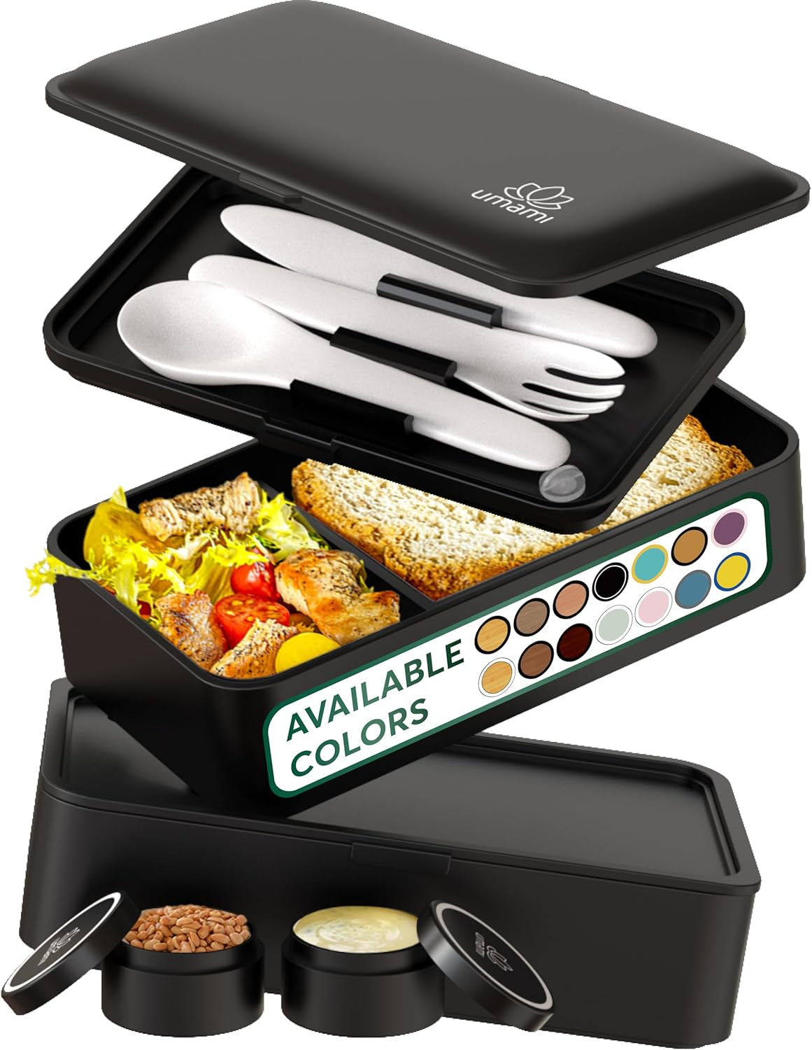Umami lunchbox voor volwassenen, stapelbare bentobox met 4 bestek en vakken, lunchbox voor volwassenen, saladecontainer voor onderweg, picknick-/kantoorlunchbox, antracietgrijs, 1500 ml Naty Shop voedselbewaardozen matzwart L - 1200 ml