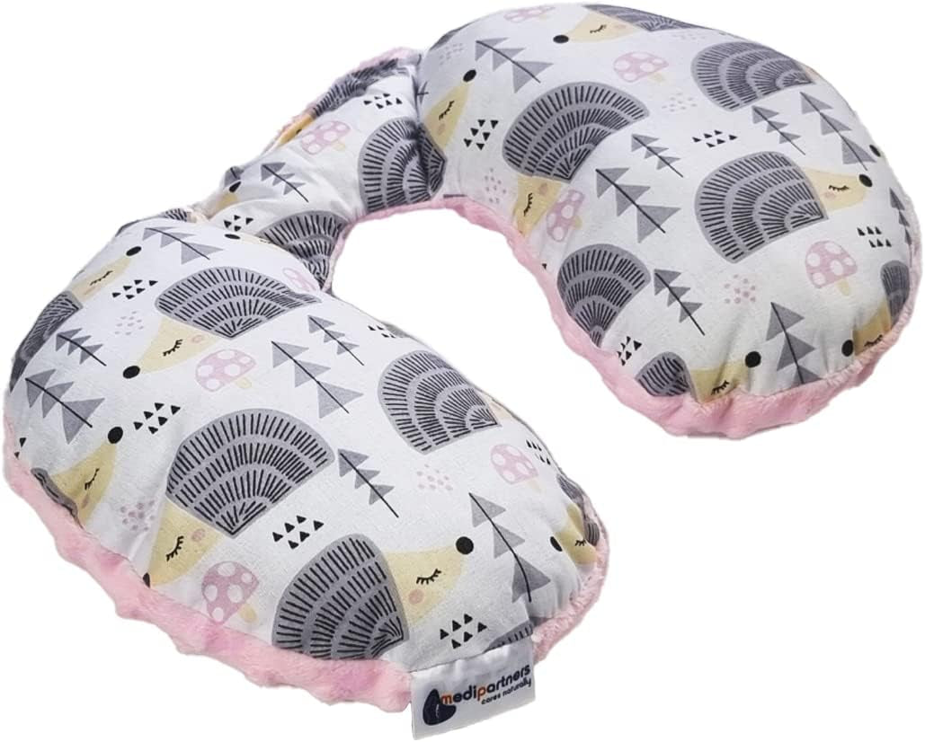 Medi Partners Baby Nekkussen Neksteun 100% Katoen / Minky Baby Nekkussen voor Auto Wandelwagen Reizen Reizen Slaap Nekkussen Snooze Roll (REH met Grijze Minky) Cervicale Orthopedische Kussens Naty Shop Hedgehog Grijs met Minky Lichtroze