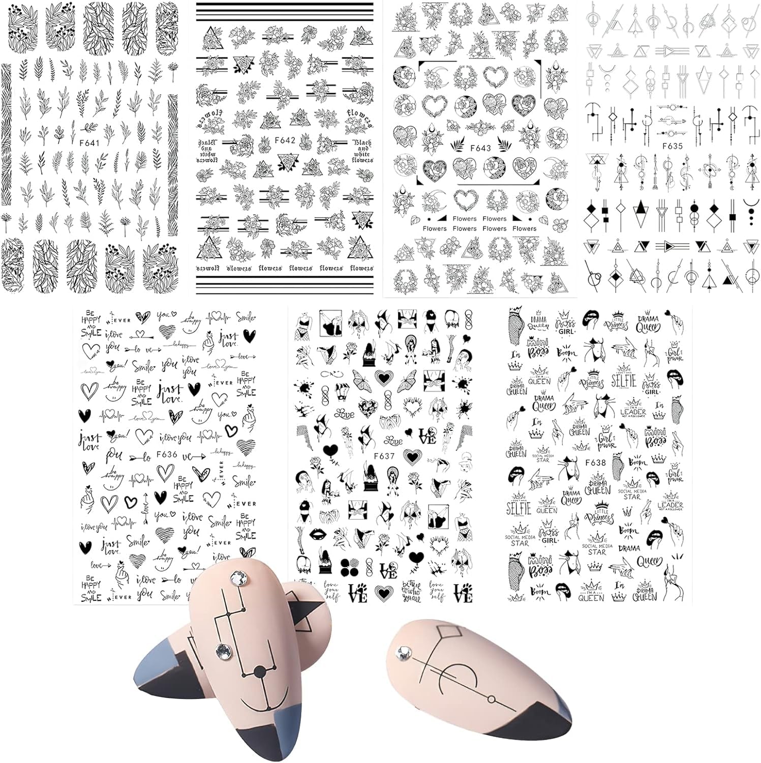 7 Blätter Nagelsticker Selbstklebend Nagelsticker Blumen Abstrakt 3D Schwarz Nagelaufkleber Nageldesign Herzform Wörter Pflanzen Nagelsticker DIY Nail Art Zubehör Maniküre Decoratie