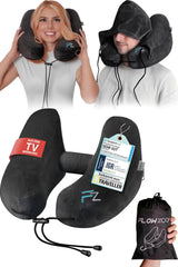 FLOWZOOM AIR Opblaasbaar nekkussen met capuchon - Vliegtuignekkussen - Reiskussen - Snel opblaasbaar reisnekkussen - Vliegtuigkussen - Reiskussen - Nekkussen voor volwassenen (grijs) Naty Shop Cervicale orthopedische kussens 2) Zwart - Maat L