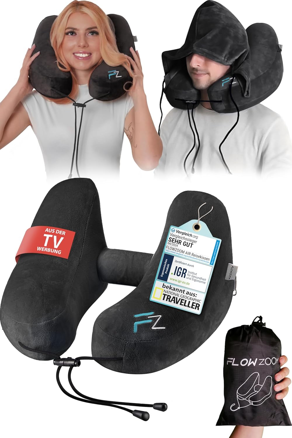 FLOWZOOM AIR Opblaasbaar nekkussen met capuchon - Vliegtuignekkussen - Reiskussen - Snel opblaasbaar reisnekkussen - Vliegtuigkussen - Reiskussen - Nekkussen voor volwassenen (grijs) Naty Shop Cervicale orthopedische kussens 2) Zwart - Maat L