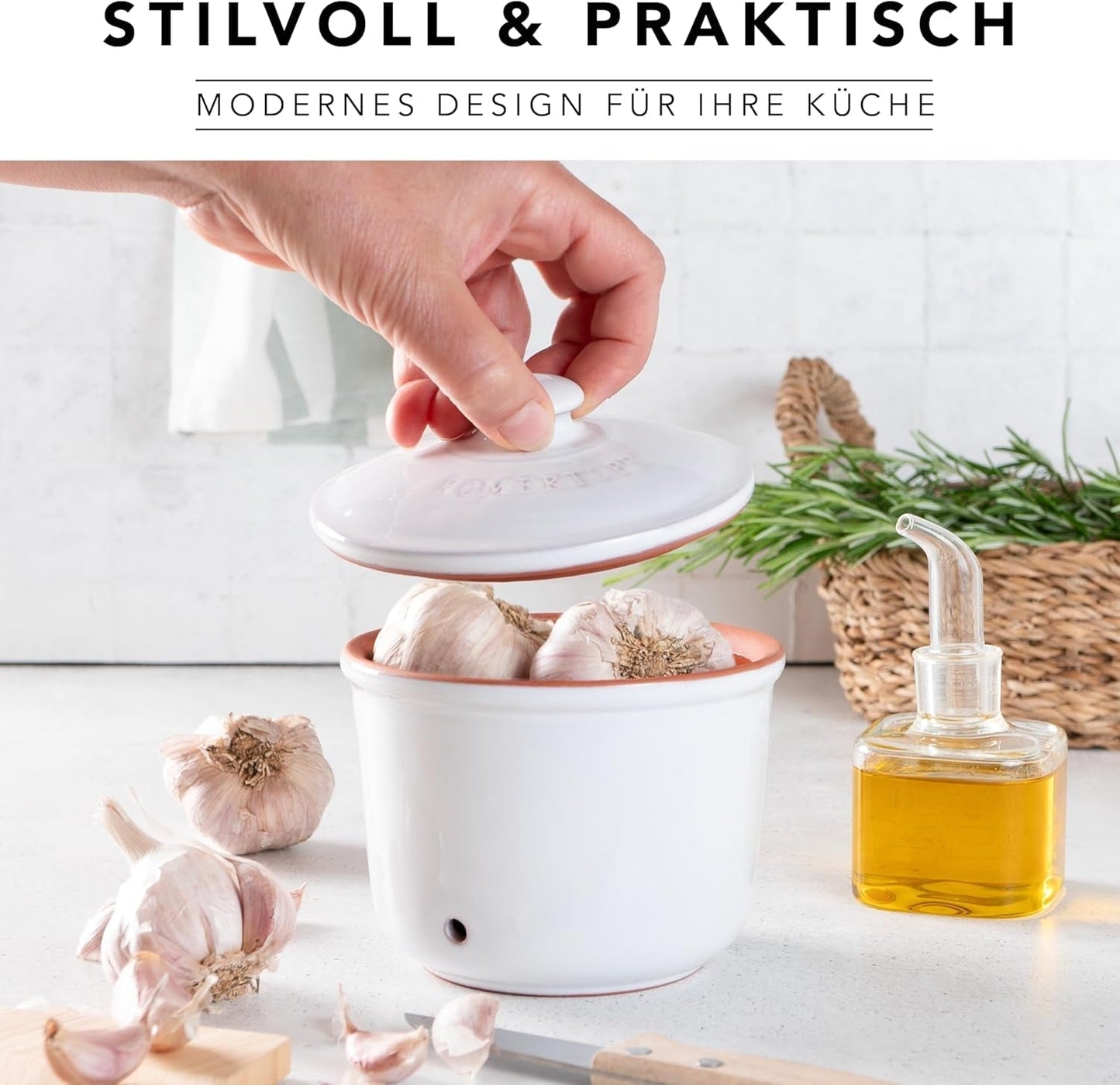 Römertopf Vershoudpot MINI 0,6 liter - Keramische knoflookpot - Ademende klei houdt groenten langer vers - Ideale luchtcirculatie - Wit Voedselbewaardozen Naty Shop