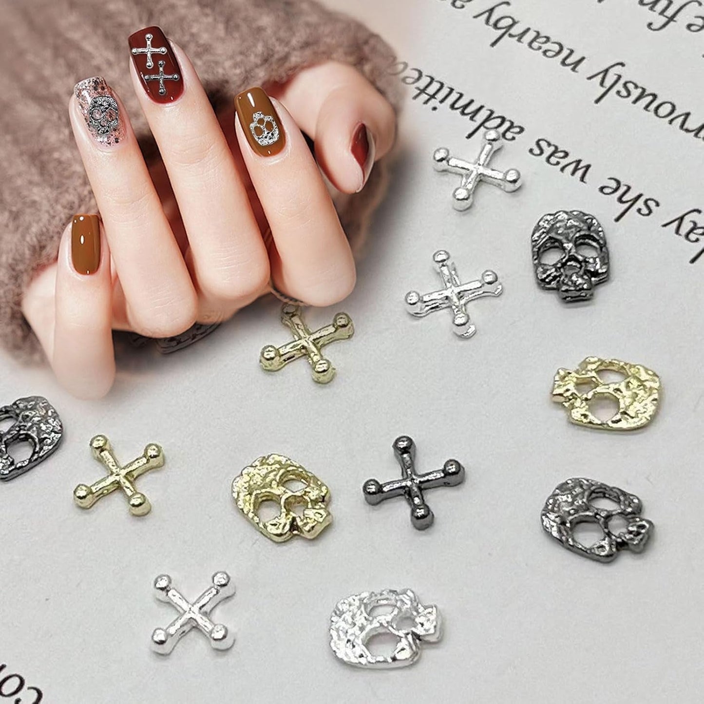 120st Kruis Schedel Nail Art Decoraties Set Goud Zilver Metaal Nail Art Charms Punk Legering Nail Art Sieraden Fonkelende Stenen Accessoires