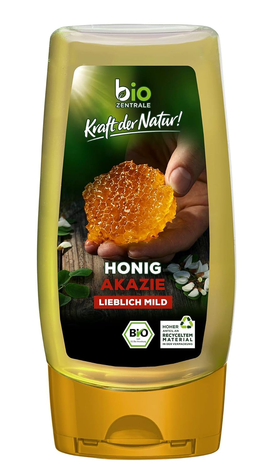 Biozentrale Biologische acaciahoning | 350 g Biologische honing van witte acaciabloemen | Ideaal als spread Biologische honing voor thee | Alternatief voor honingraathoning (2-pack)