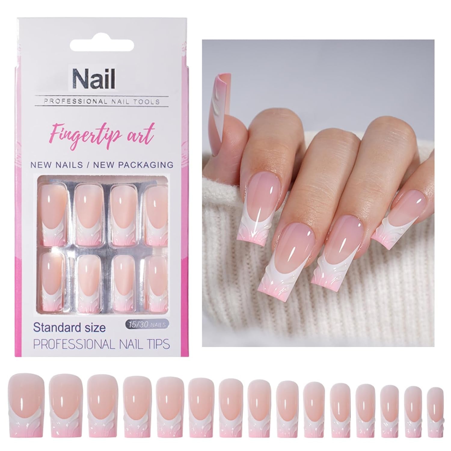 30 stuks Franse nepnagels - lijm op kunstnagels - zachte gelnagels voor dames - acryl zelfklevende nagels vierkante manicure (Frans roze)