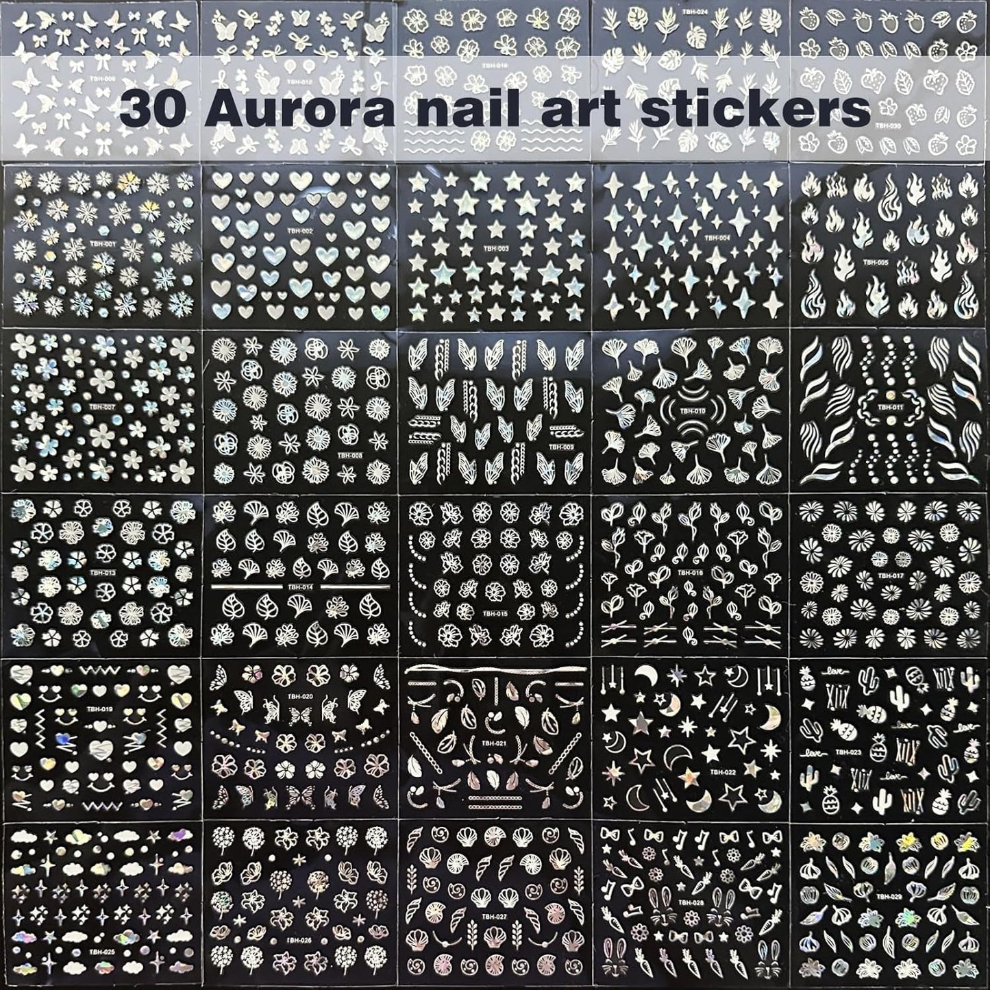 30 Blatt Aurora-Nagelkunst-Aufkleber, Selbstklebende 3D-Blumen-Nagelaufkleber, Aurora-Mond-Stern-Nagelaufkleber voor Nagelkunst, Blatt-Herz-Nageldesign voor doe-het-zelf-acrylnägel-decoratie