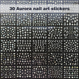 30 Blatt Aurora-Nagelkunst-Aufkleber, Selbstklebende 3D-Blumen-Nagelaufkleber, Aurora-Mond-Stern-Nagelaufkleber voor Nagelkunst, Blatt-Herz-Nageldesign voor doe-het-zelf-acrylnägel-decoratie