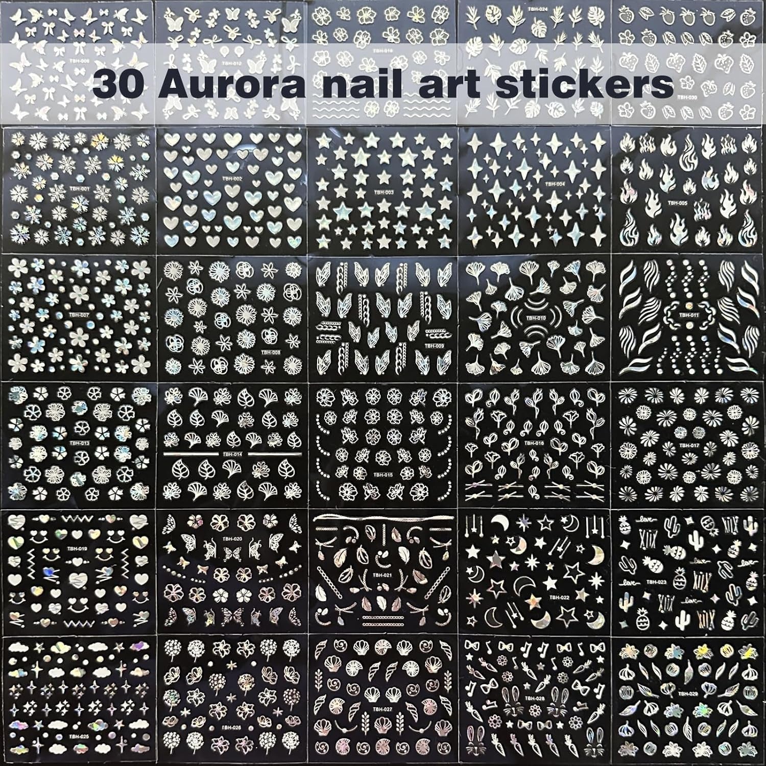 30 Blatt Aurora-Nagelkunst-Aufkleber, Selbstklebende 3D-Blumen-Nagelaufkleber, Aurora-Mond-Stern-Nagelaufkleber voor Nagelkunst, Blatt-Herz-Nageldesign voor doe-het-zelf-acrylnägel-decoratie