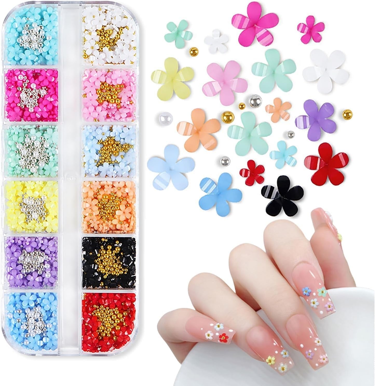 3D bloem nagelbedels, 12 rasters acrylhars bloem en goud zilveren kralen nagelstenen, bloem gelnagels, bloem nageldecoraties voor vrouwen en meisjes, doe-het-zelf-manicure-accessoires