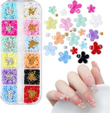 3D bloem nagelbedels, 12 rasters acrylhars bloem en goud zilveren kralen nagelstenen, bloem gelnagels, bloem nageldecoraties voor vrouwen en meisjes, doe-het-zelf-manicure-accessoires