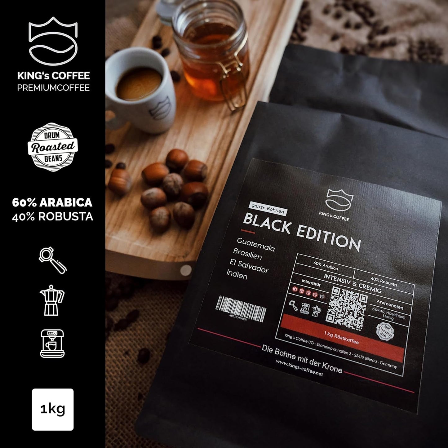 KING'S COFFEE - BLACK EDITION - 1 kg Intense Cream Koffiebonen - Koffie met lage zuurgraad - Kleine batch branding uit Italië - Sterke Arabica-espressobonen (blend) voor volautomatische en portafiltermachines