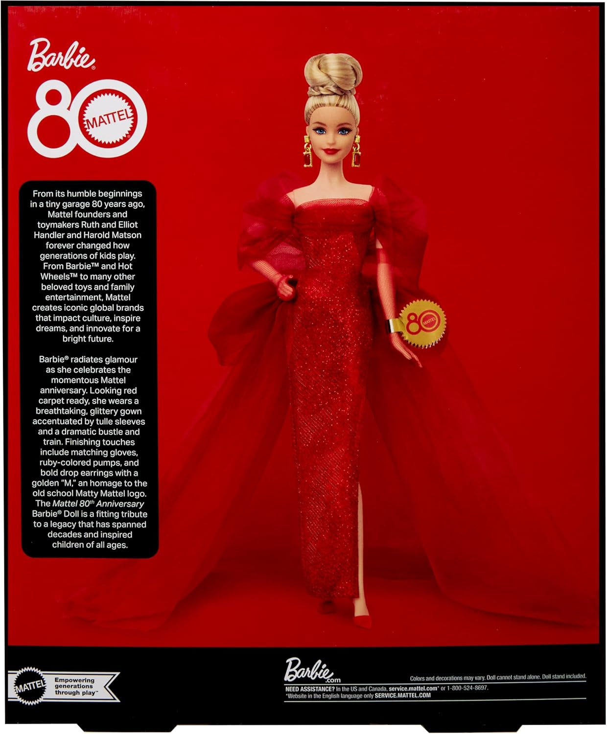 Barbie kenmerkende pop Mattel-verzamelfiguur voor 80-jarig jubileum in sprankelende rode tule-jurk met druppelvormige oorbellen en fijne handschoenen blond haar JBJ17