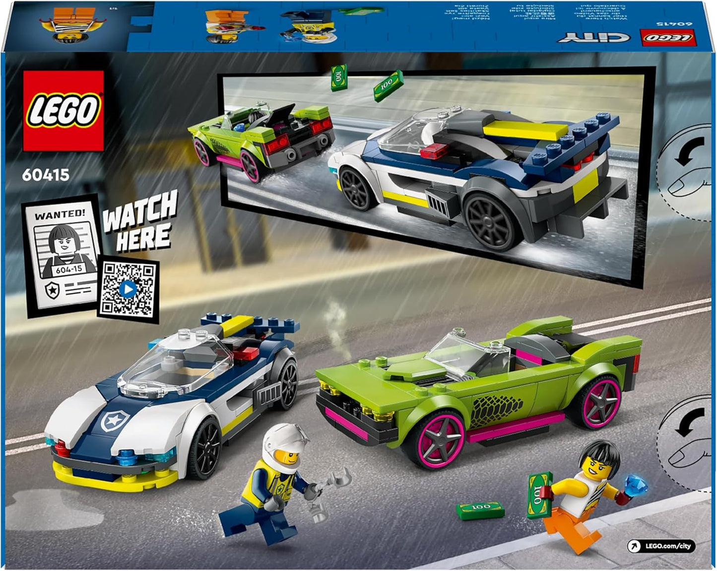 LEGO City Autoachtervolging met politieauto en muscle car, speelgoedtrein met 2 raceauto's, politiecadeau voor kinderen, jongens en meisjes vanaf 6 jaar, set met politieagent en minifiguren Ganovin 60415 Bouwsets Besuche den LEGO-Store