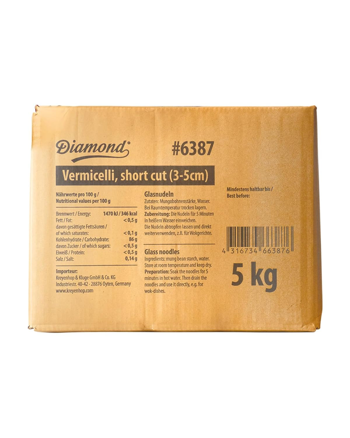 DIAMOND glasnoedels, glasnoedels van korte mungbonenzetmeel, natuurlijk veganistisch en glutenvrij - 1 x 5 kg