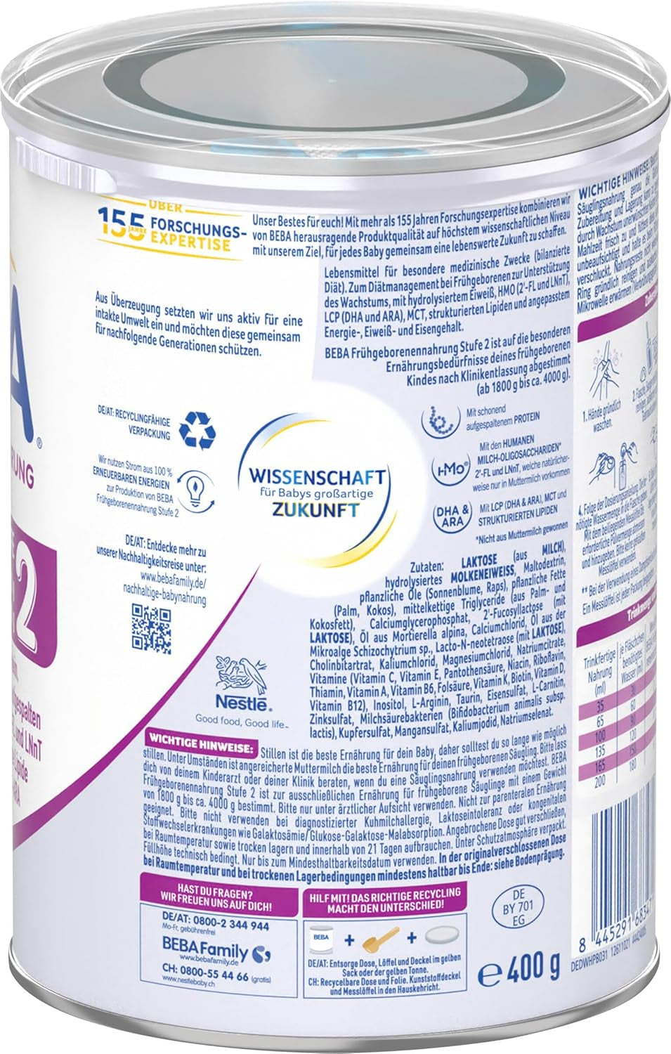 BEBA Formule voor premature baby's Fase 2 - Premature baby's na ontslag uit het ziekenhuis Babyvoeding Babymelkpoeder, pakket van 3 (1 x 400 g)