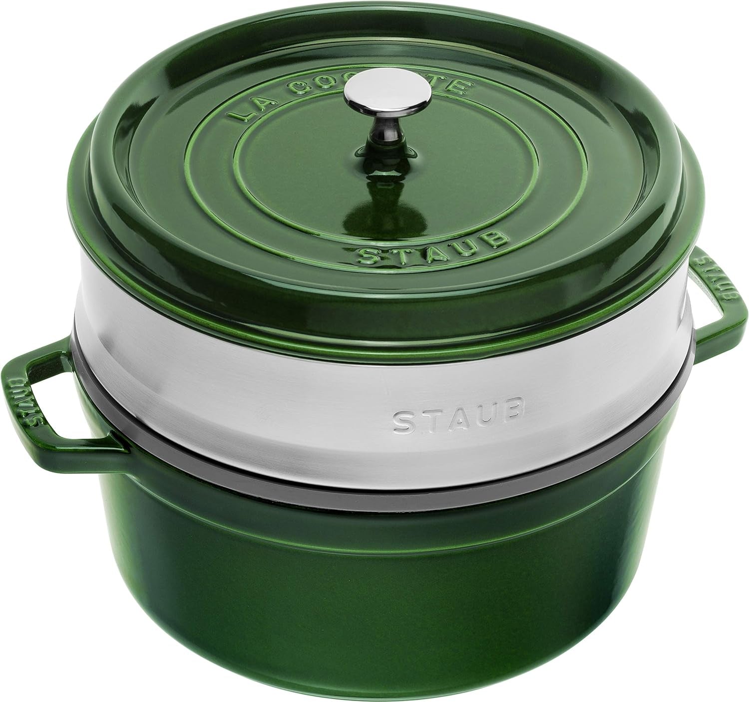 STAUB Gusseisen Bräter/Cocotte, Mit Dämpfeinsatz Aus Edelstahl, Rund 26 Cm, 5,2 L, Aromaregen-functie voor optimale werking, voor alle herdarten Inkl. Induktion & Backofen, Kirschrot, Rot Vormen en bakplaten Naty Shop Grün