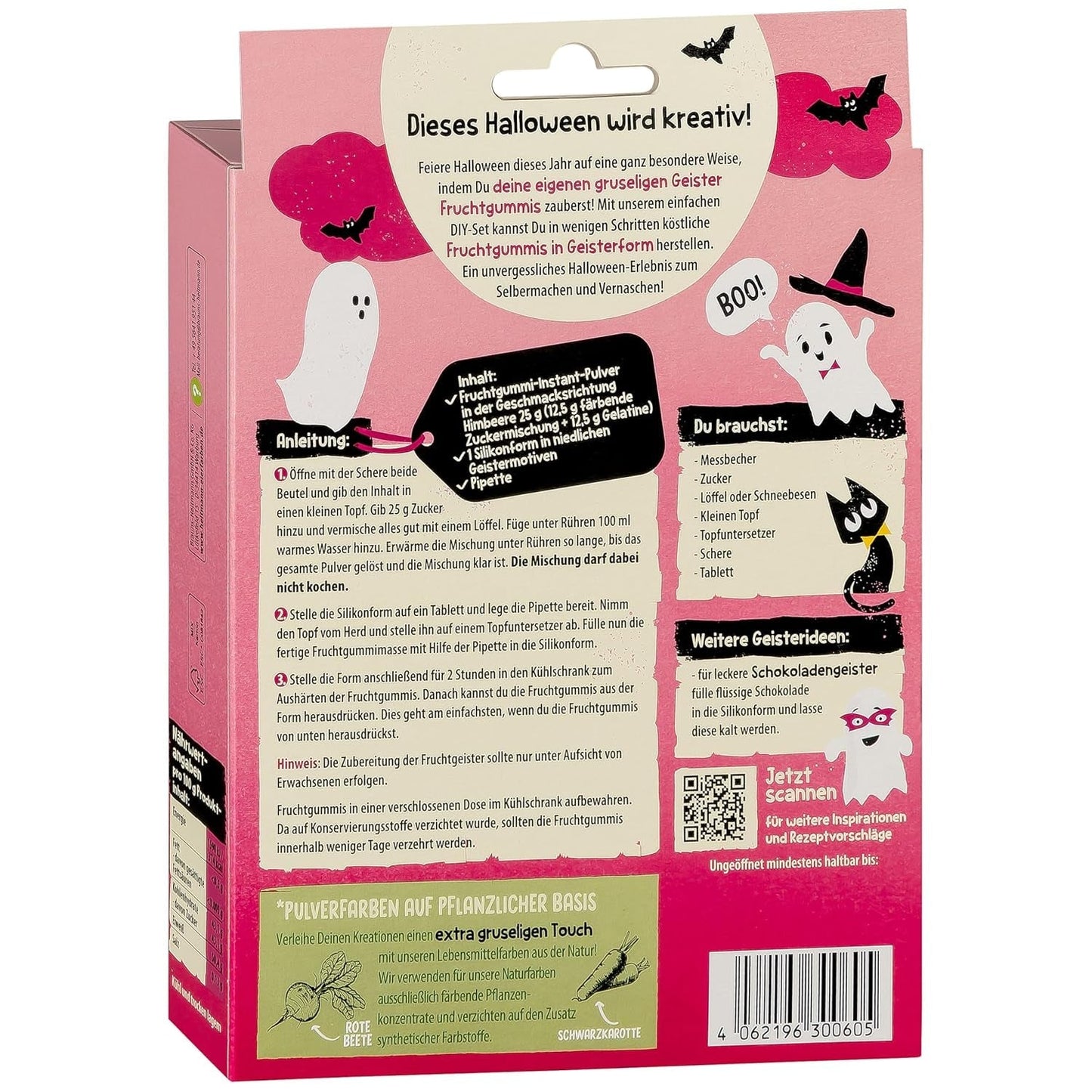 HEITMANN KREATIV - Creatieve Halloween-fruitkauwgomset - Plantaardige poederkleurstoffen - Roze - DIY Ghost Shape Fruitkauwgom met frambozensmaak