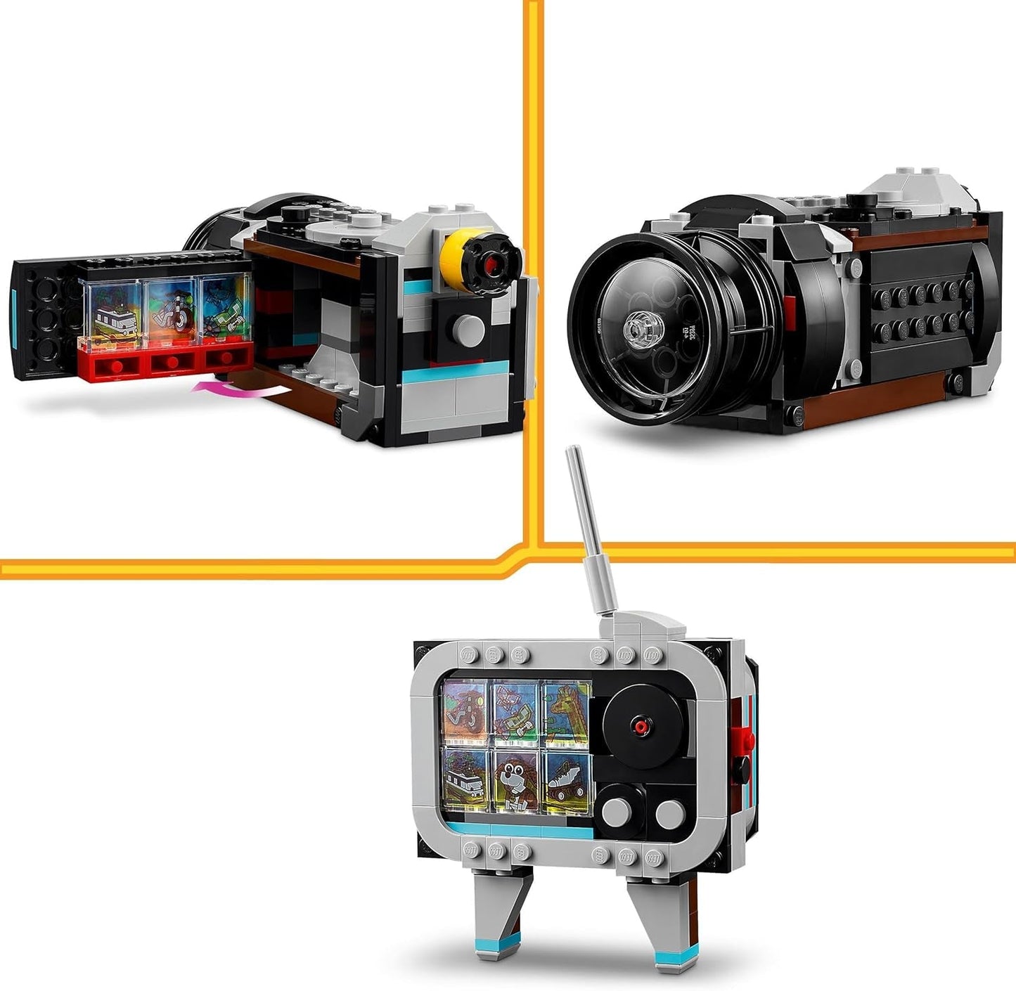 LEGO Creator 3in1 retrocameraspeelgoed, camcorder, tv-toestel, kinderbureaudecoratie of slaapkameraccessoires, fotografiecadeaus voor meisjes en jongens vanaf 8 jaar oud 31147 Bouwsets Bekijk de LEGO-Store