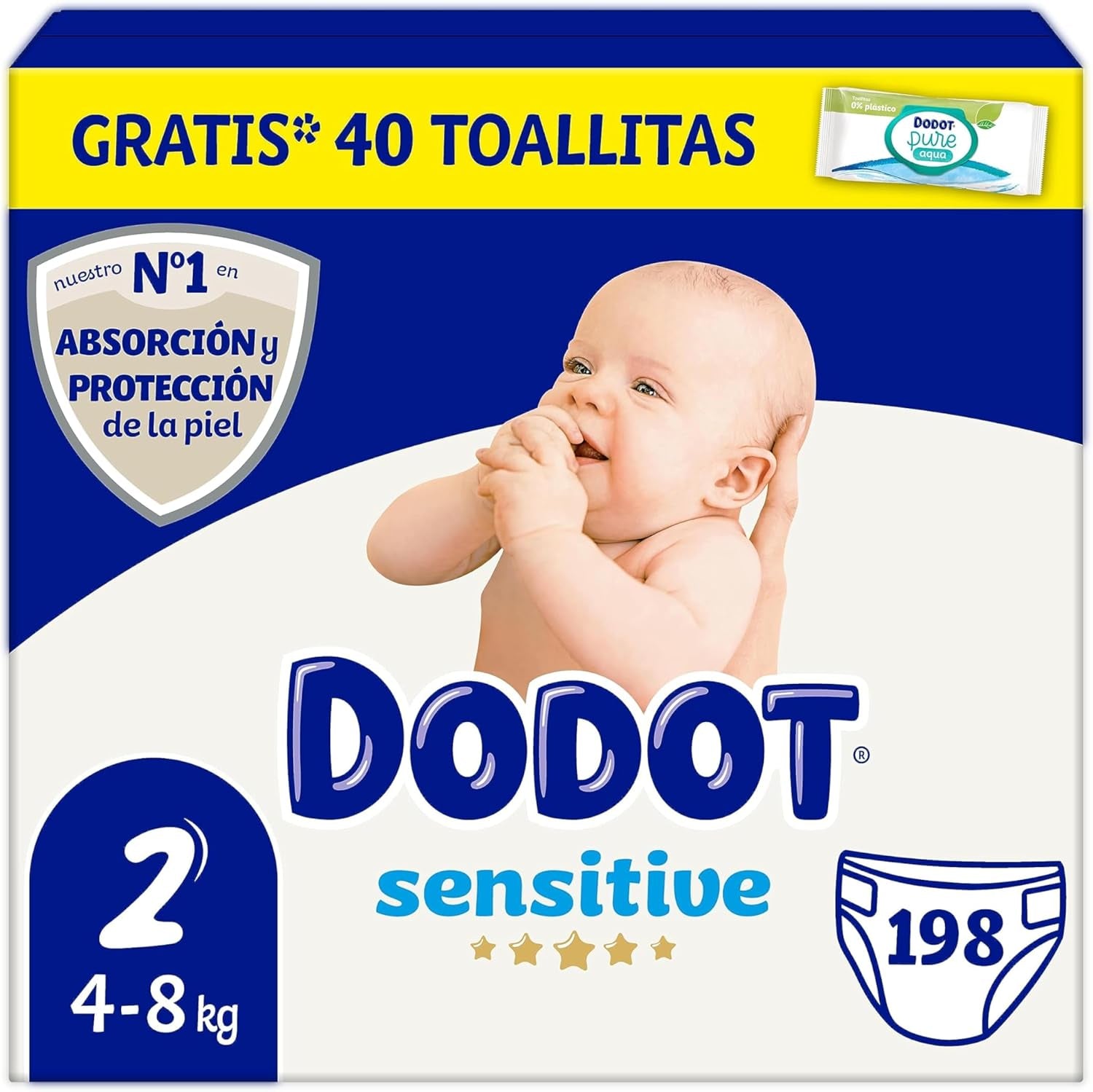 Gevoelige babyluiers maat 2 (4-8kg), 198 luiers + 1 pakket van 40 gratis reinigingsdoekjes, Total Aqua Care, absorptievermogen en huidbescherming, maandpakket
