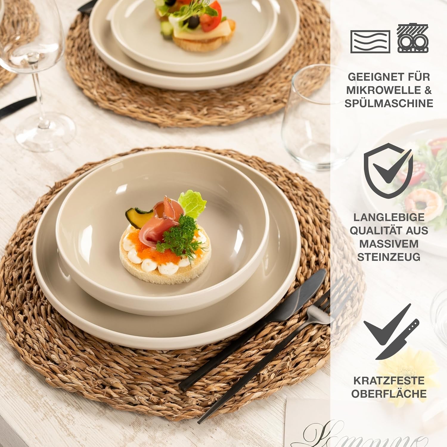 Moritz & Moritz CAVO steengoed servies voor 12 personen, 36-delig - Modern servies in zandkleur - Onderhoudsvriendelijke combinatieset met borden en schalen - Koffieservies