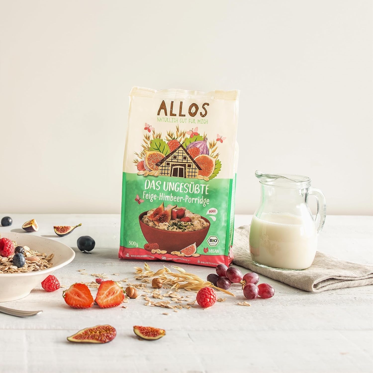Ongezoete Allos-pap van vijgen en frambozen | Pap zonder suiker | Biologische Muesli | Muesli met fruit | Havermout | Pap als ontbijt | Ontbijtgranen | Veganistisch | Pak van 6 (6 x 500 g)